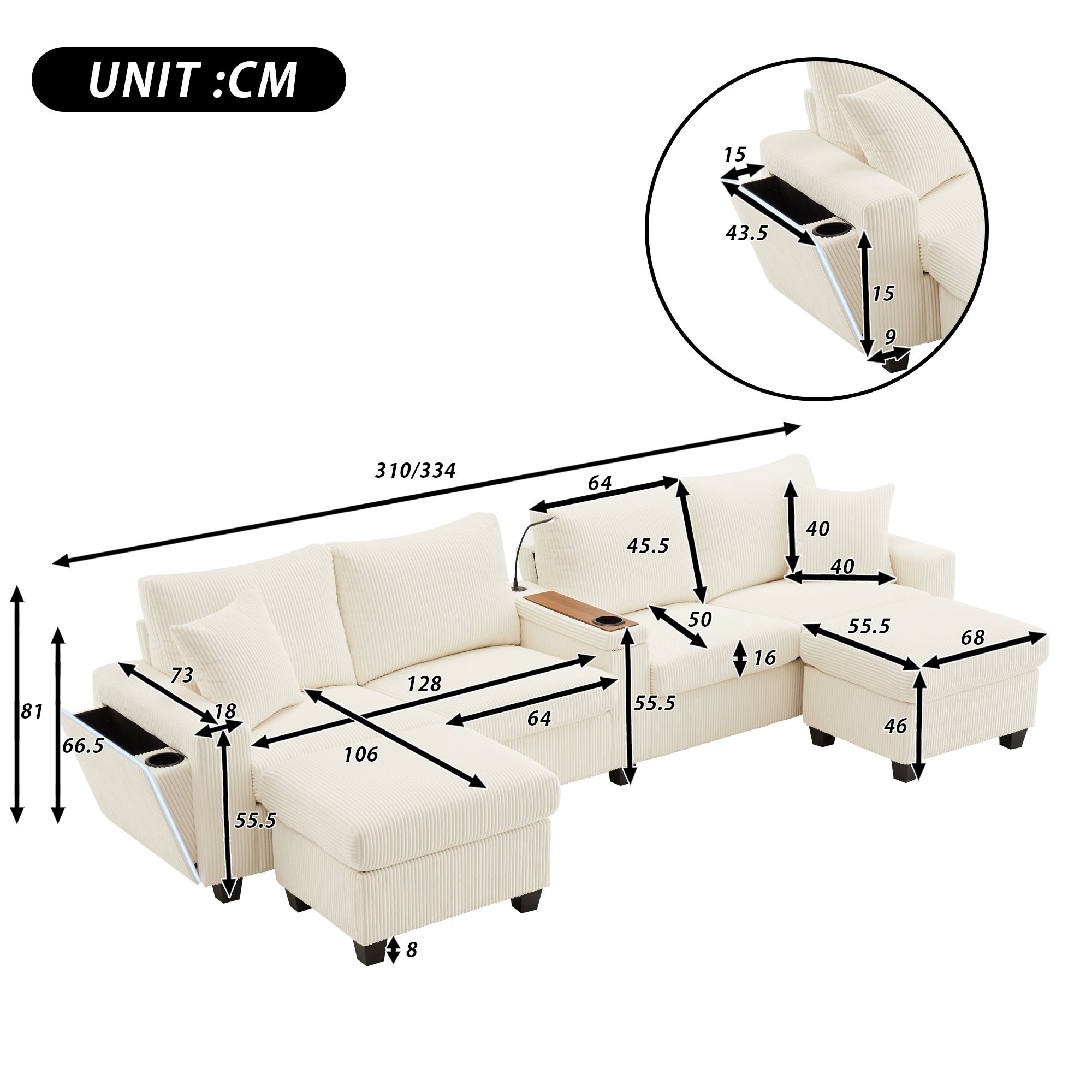 Canapé moderne en forme de U - avec USB, Type-C et lampe de lecture - avec lumières LED Porte - avec gobelet et 2 repose-pieds - Beige - 5