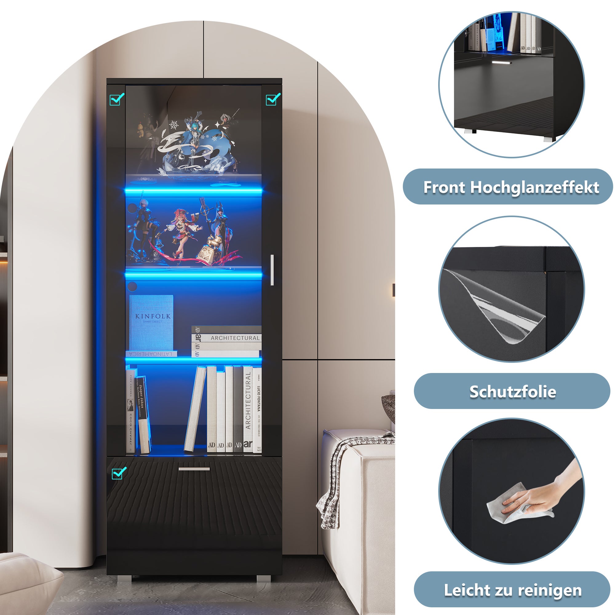 Vetrina con 1 anta e 1 cassetto - 45 x 35 x 160 cm - LED - Ripiano in vetro - Pannello truciolare - Nero lucido - 7