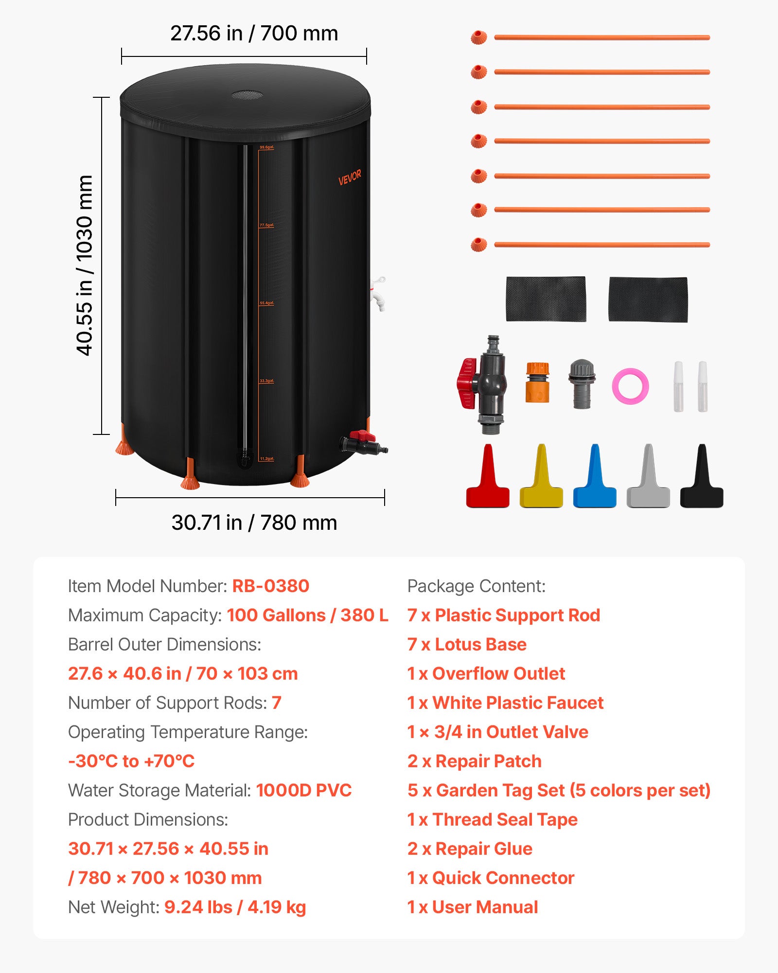 Récupérateur d’eau de pluie pliable VEVOR en PVC 1000D, 380 L, avec robinet, kit trop-plein et bac collecteur, pour arrosage de jardin, noir - 7