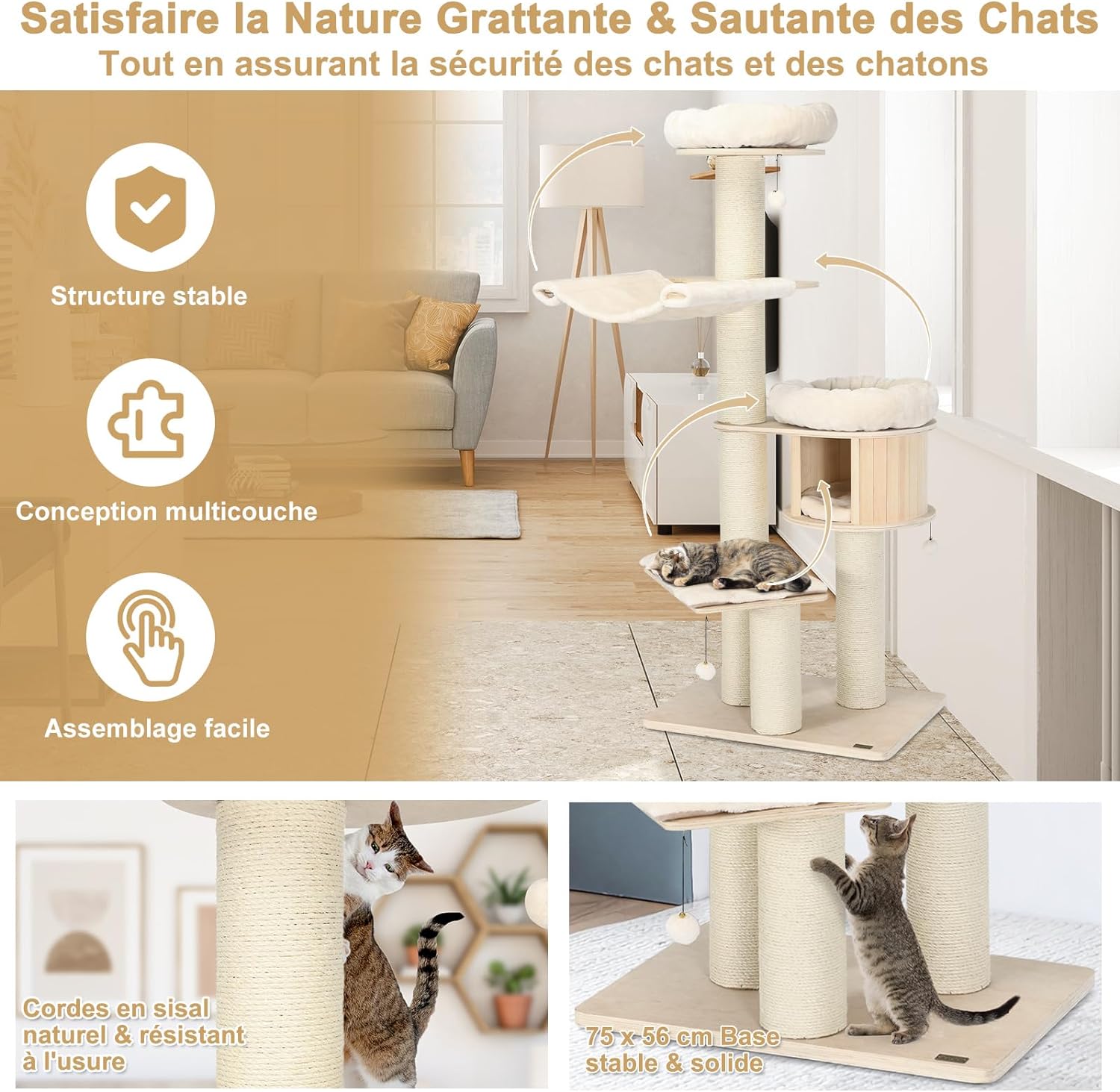 Albero per Gatti in Legno Massiccio da 174 CM, Torre per Gatti a 4 Livelli con Pali Sisal, Nicchia per Gatti, Trespoli, Amaca, Palline, Albero - 5