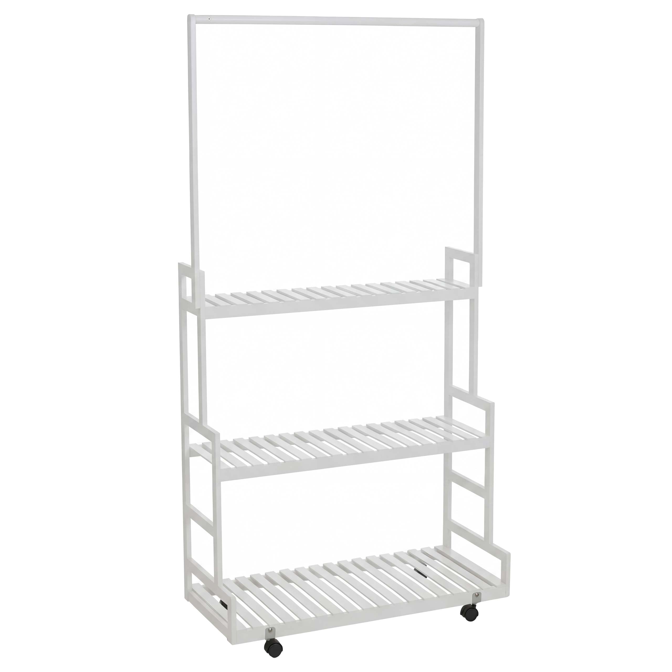 Stojak na ubrania z bambusa HWC-Q33, wieszak na ubrania, półka na buty, drążek i 3 półki, kółka, 175 x 93 x 38 cm ~ biały