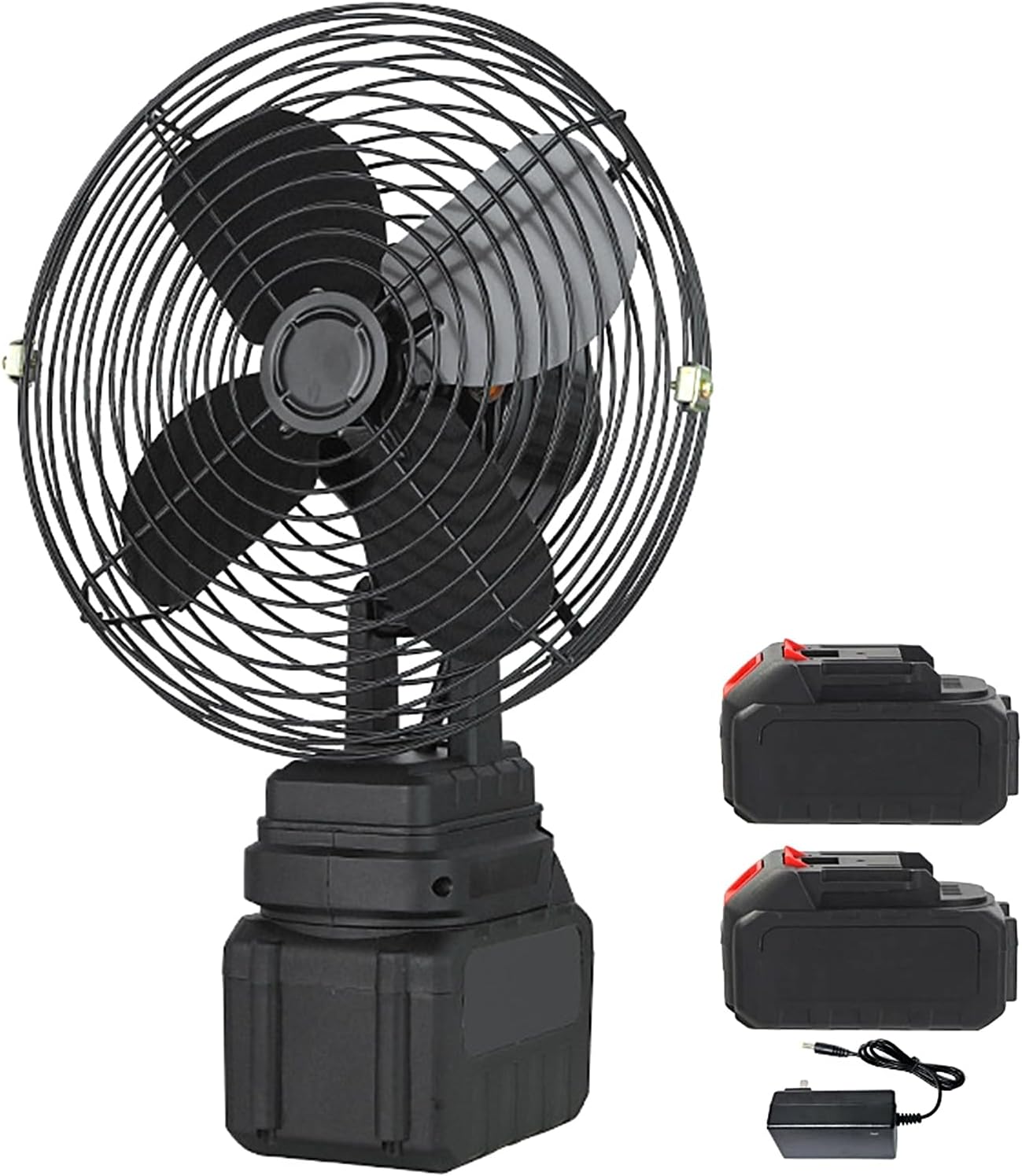 8-calowy akumulatorowy wentylator metalowy, wentylator bezprzewodowy z 2 bateriami 3000 mAh, 2 regulowanymi prędkościami, do kempingu, warsztatu, domu