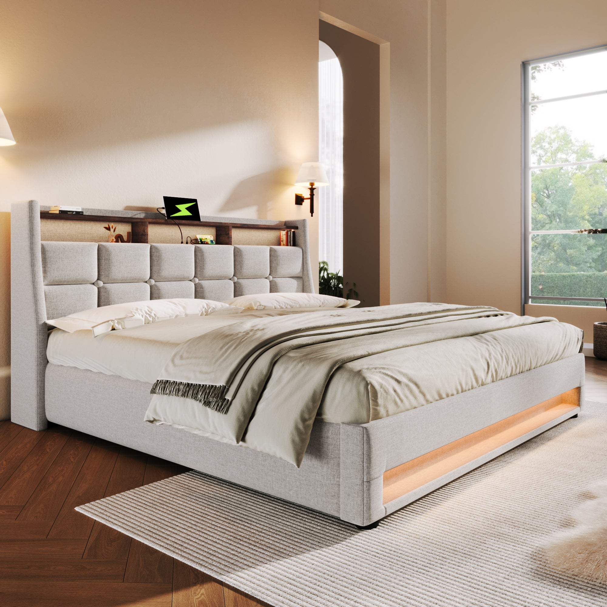 Cama con almacenaje de lino 160x200 cm con LED y puertos USB - somier - beige - 2