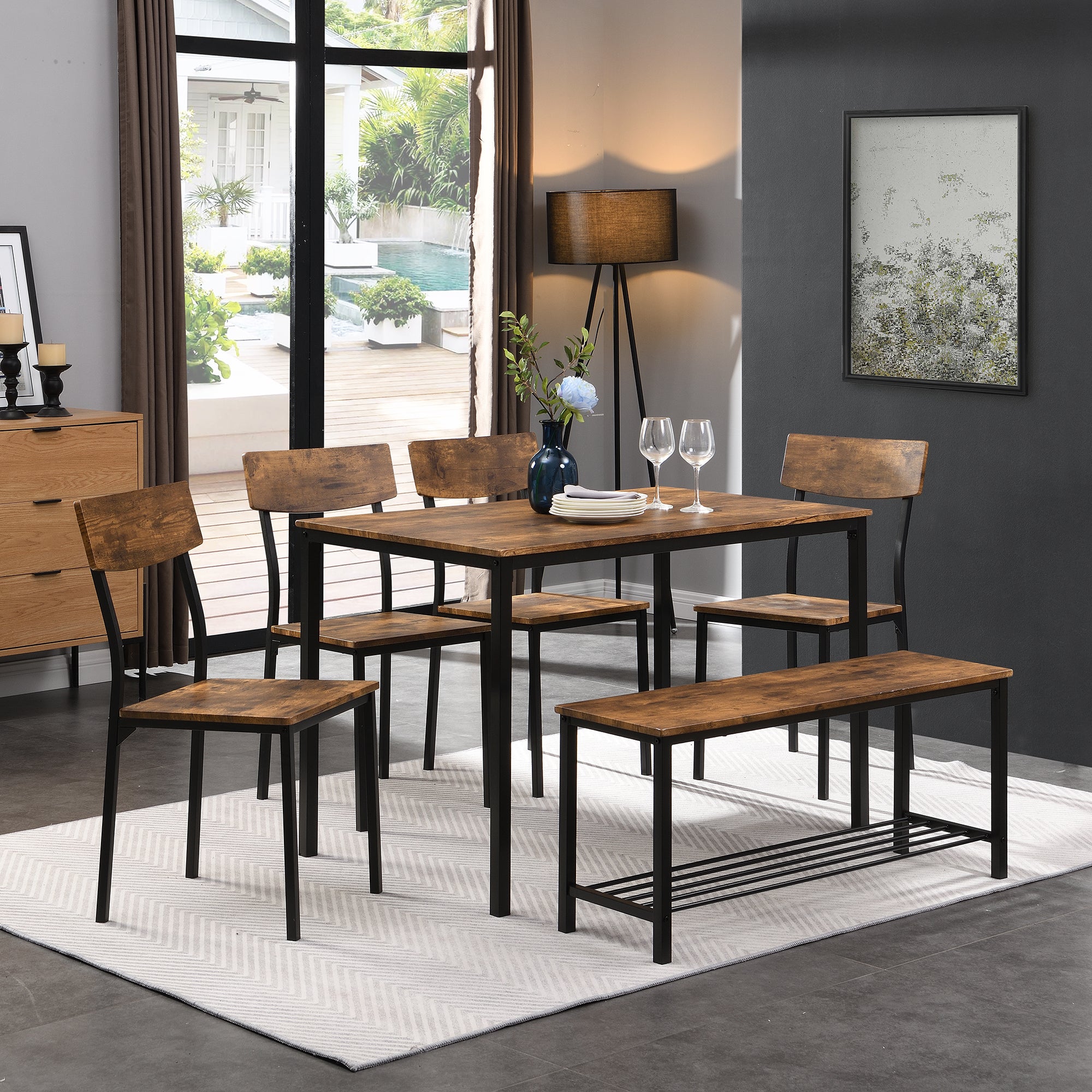 Ensemble Table et 4 Chaises 1 Banc - 6 places - cadre en acier - style industriel - Marron - 2