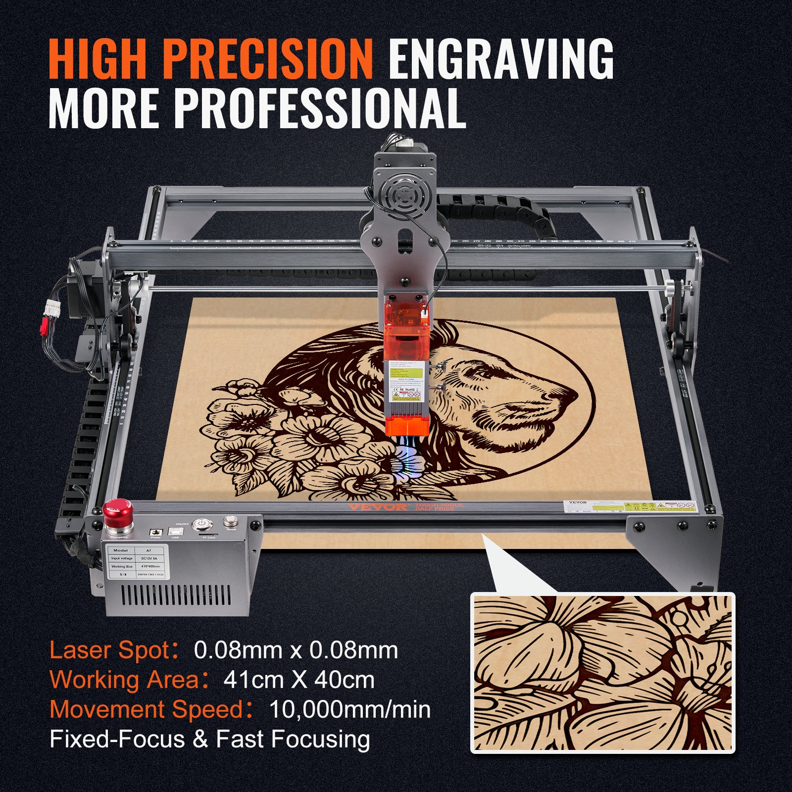 Machine à Graver Laser VEVOR 5 W Graveur Laser Grande 61x58x27 cm Surface Travail 41x40 cm Vitesse de Mouvement 10000 mm/min Point Comprimé Protection - 3