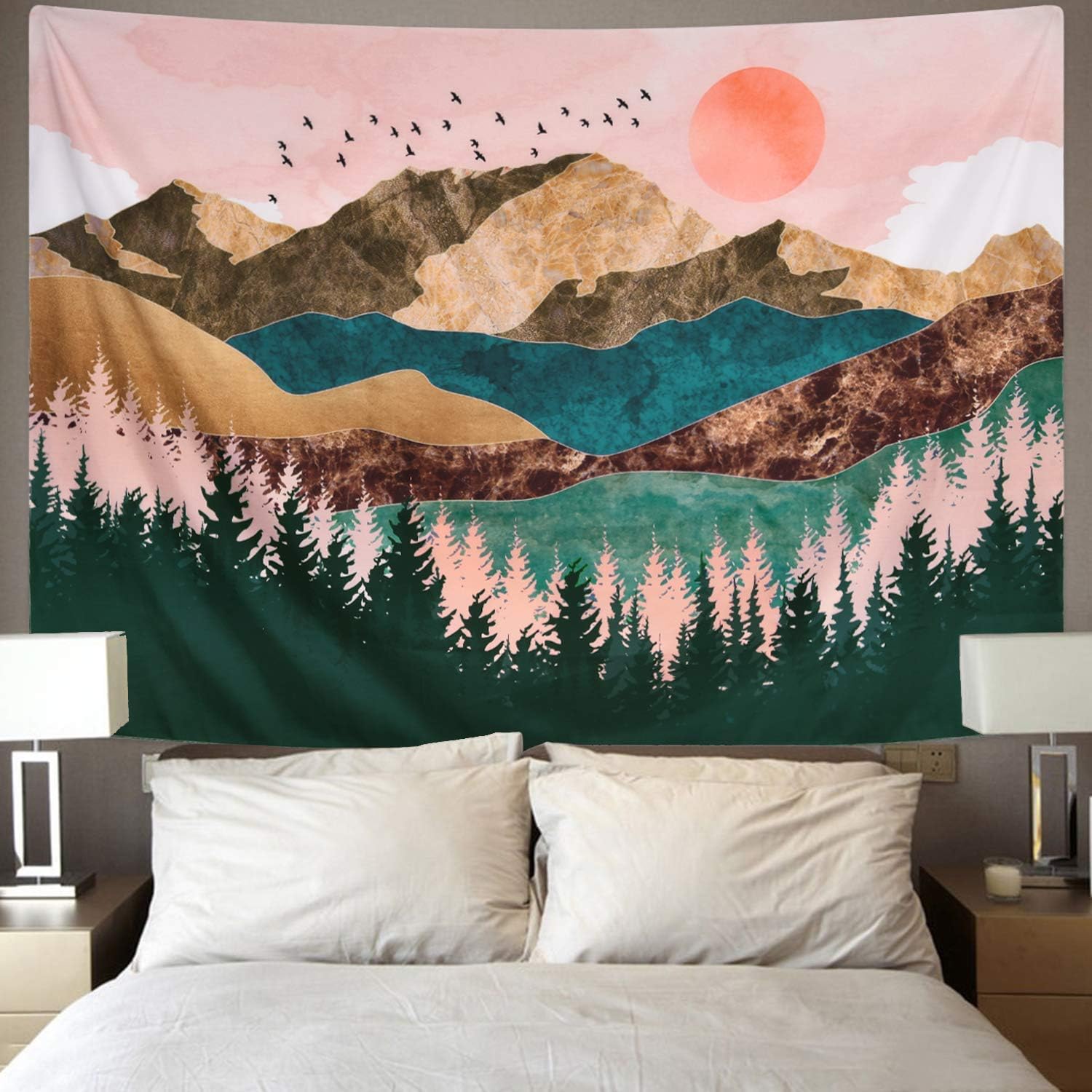 Gobelin Ścienny, 230x180cm, Gobelin Artystyczny Zachód Słońca Las Drzewo Gobelin Górski Gobelin Psychodeliczny Naturalny Krajobraz