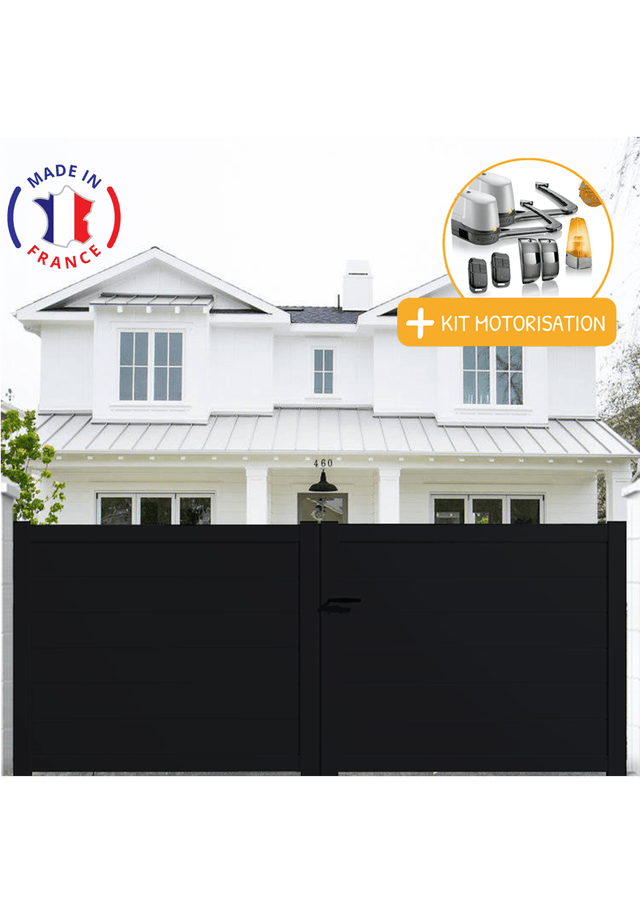 Portail aluminium battant plein en kit + Motorisation dimensions L.3500 (entre piliers) X H.1700 mm LOCKYVIA (à bras) Couleurs Noir (RAL 9005)