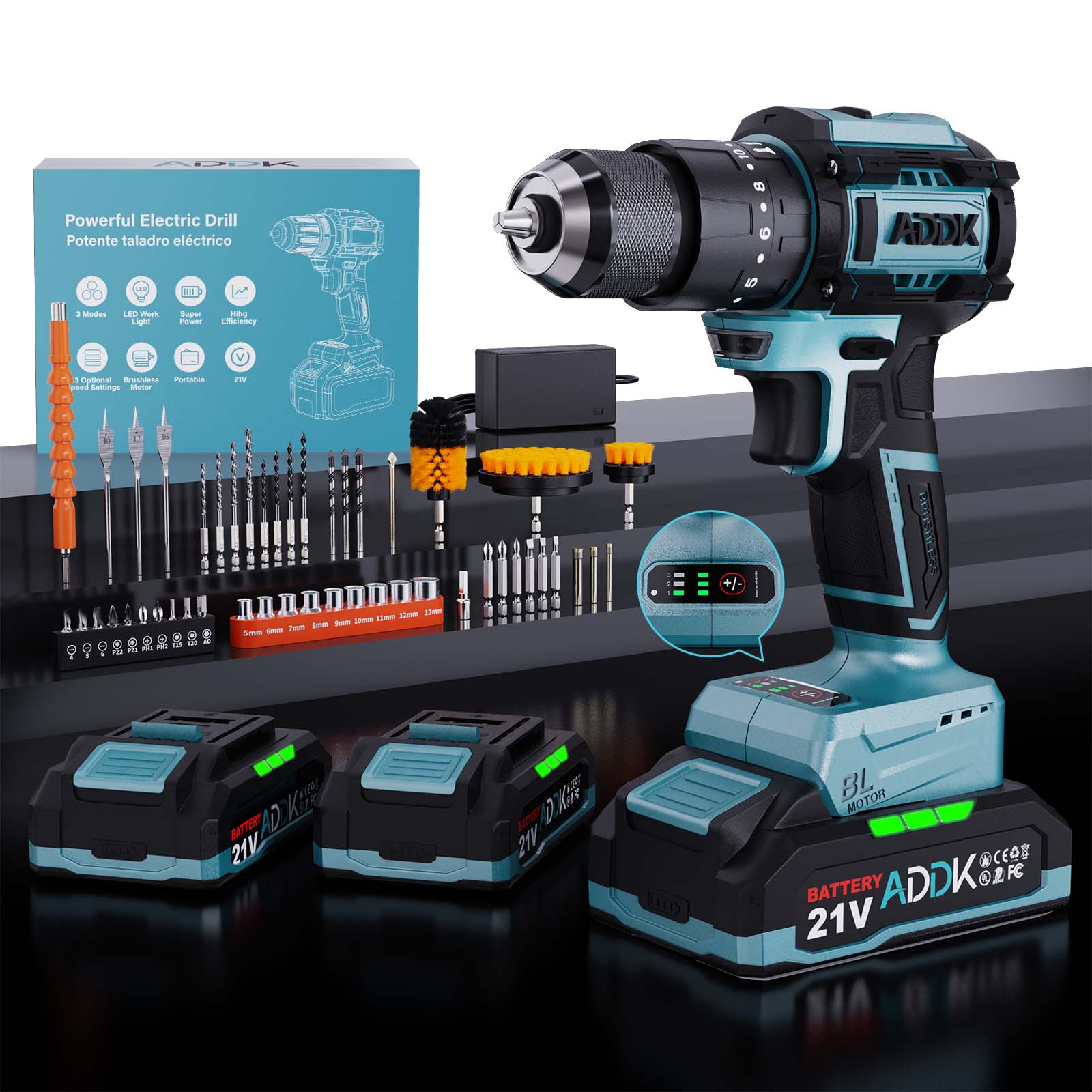 Perceuse Visseuse Sans Fil KKMOON 21V - 2 Batteries & Chargeur - Moteur Sans Balais