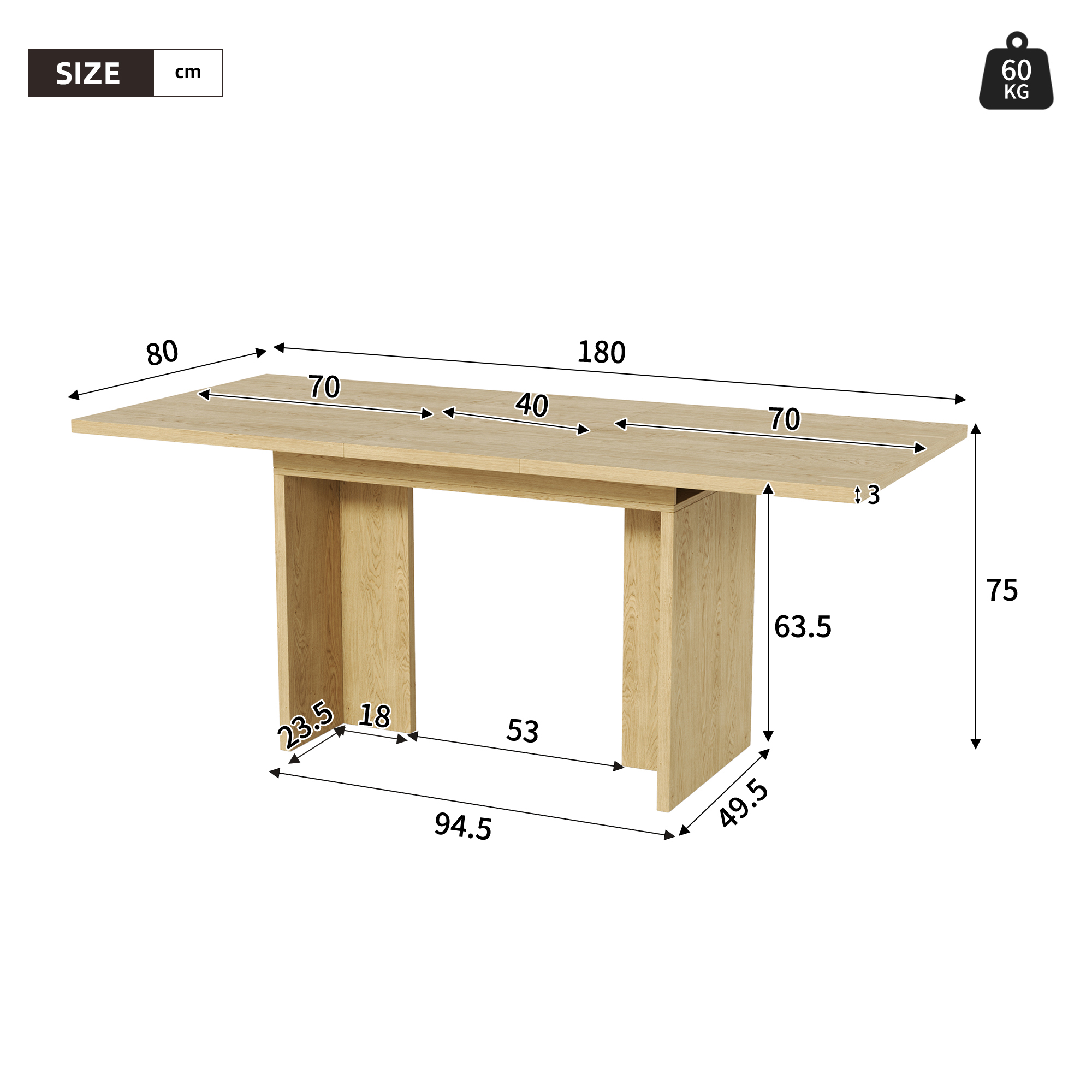 Table à manger extensible 6 à 8 couverts - 140/180 x 80 x 75 cm - MDF - Chêne - 5