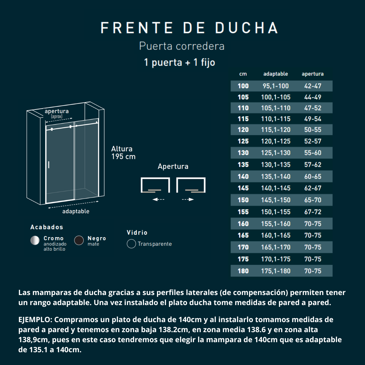 Parete doccia frontale 1 porta 1 scorrevole fissa | Altezza 195 cm Trasparente | Profilo cromato lucido 165 cm (adattabile 160.1-165) - 6