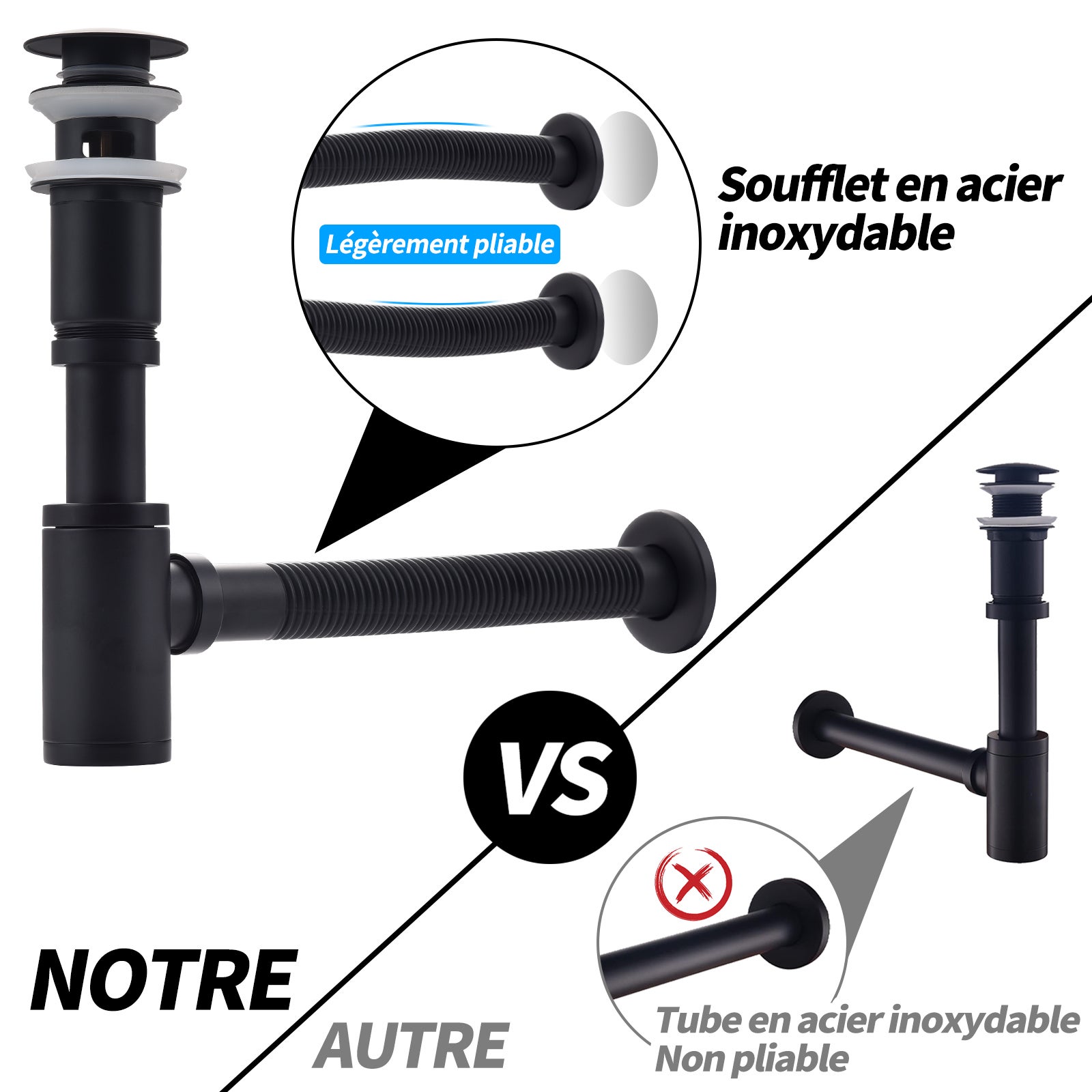 Siphon de Lavabo avec Bonde Siphon Universel et Bonde d'écoulement Salle de Bain pour Lavabo Noir Mat 1/4 x 30 mm Siphon Pop-up - 5