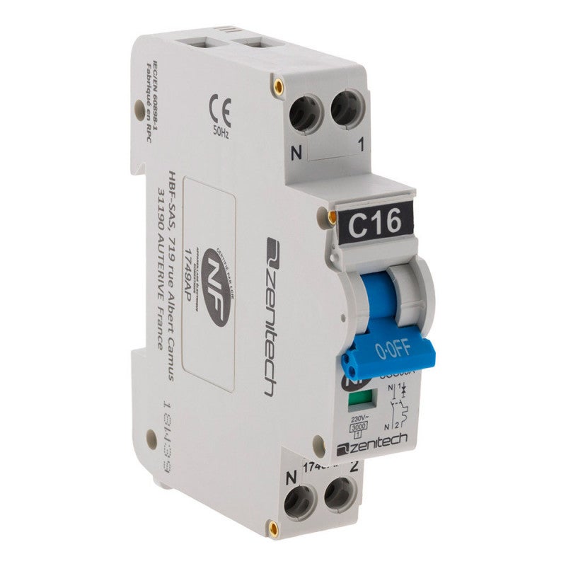 Disjoncteur 1 Pôle 16A Type B - Certifié TÜV - Protection Surintensité - Pour Rail TH35