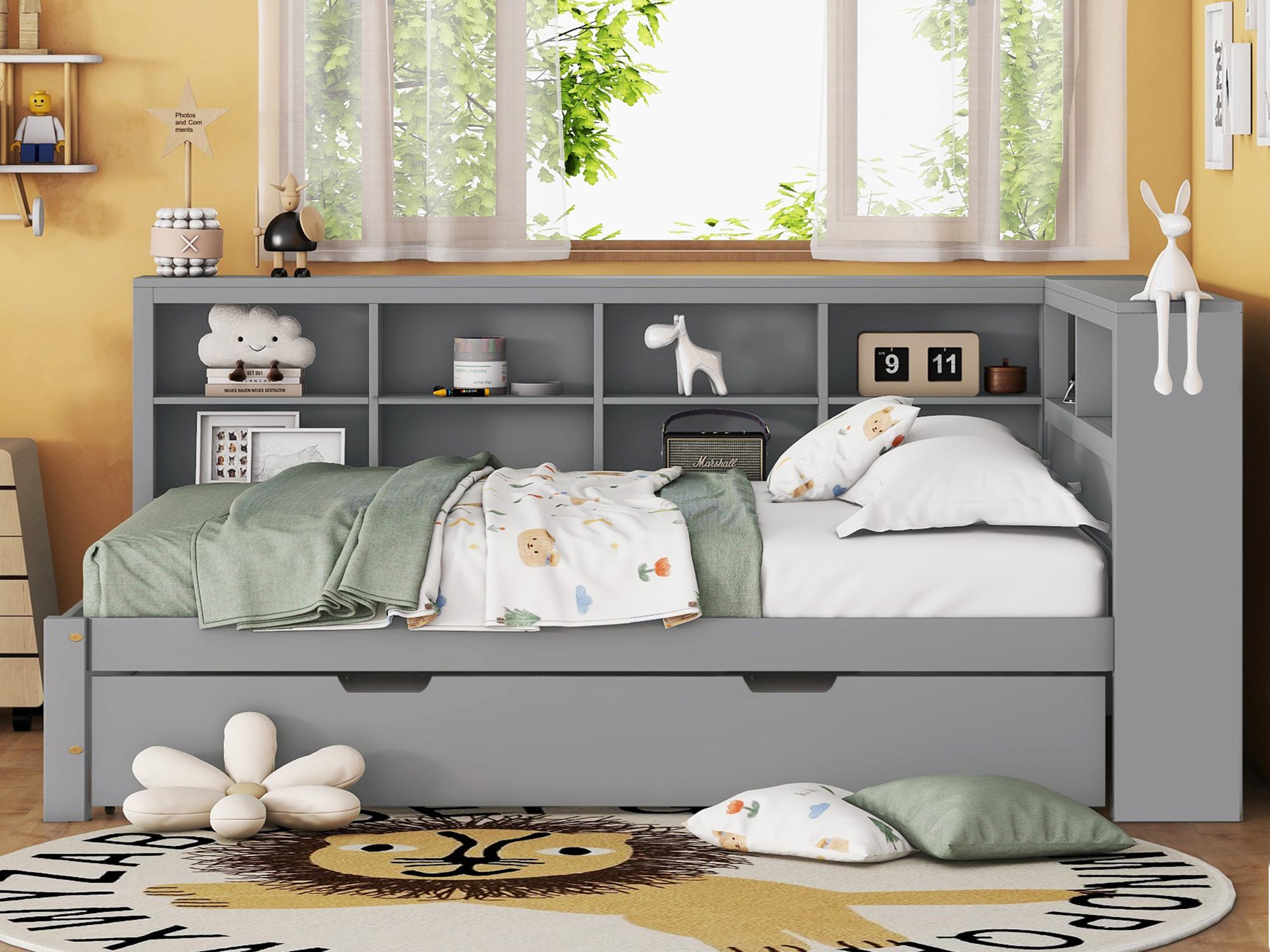 Sofa rozkładana 140x200 cm z łóżkiem wysuwanym 90x190 cm - z USB i dużą ilością miejsca do przechowywania - lite drewno - Szary