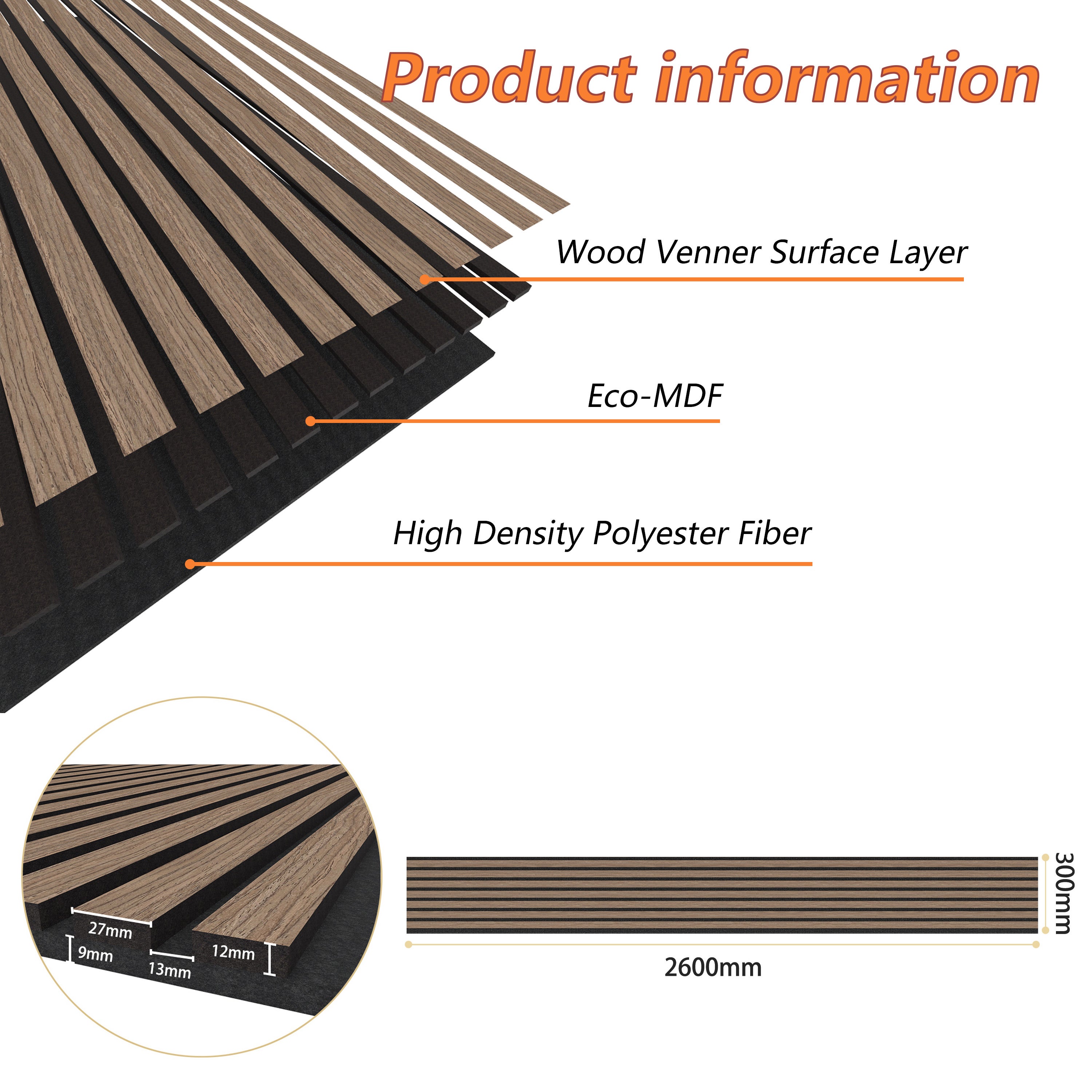 Lot de 3 Panneaux Muraux Décoratifs Acoustiques Bois MDF 260x30cm Noyer AntiBruit, Facile à Poser - 3
