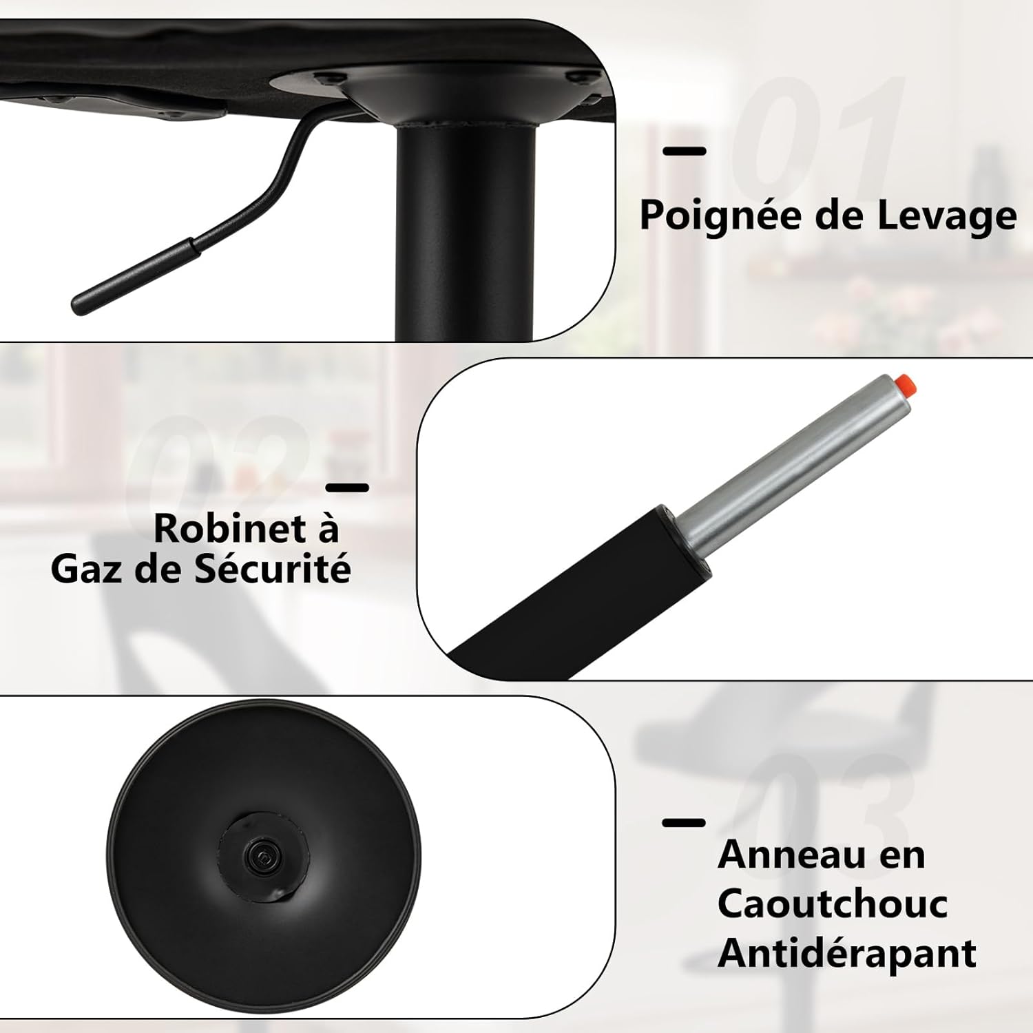 Juego de 2 Taburetes de Bar Giratorios, Sillas Ergonómicas con Respaldo, Reposapiés y Asiento con Altura Ajustable 63-83 cm (Blanco+Negro) - 6
