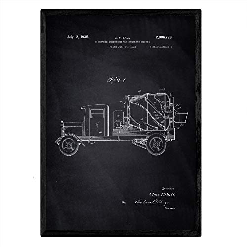 Poster con patente de camion hormigonera. lámina con diseño de patente antigua marco negro - a4