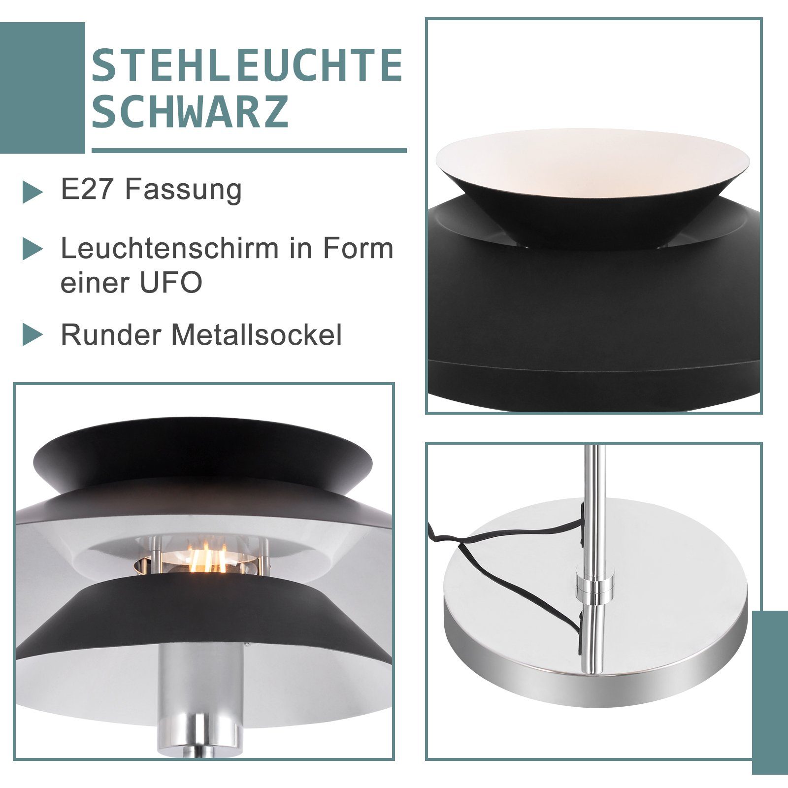 ZMH Czarna lampa podłogowa E27, lampa podłogowa z jednym płomieniem i przełącznikiem nożnym, metalowa - 4