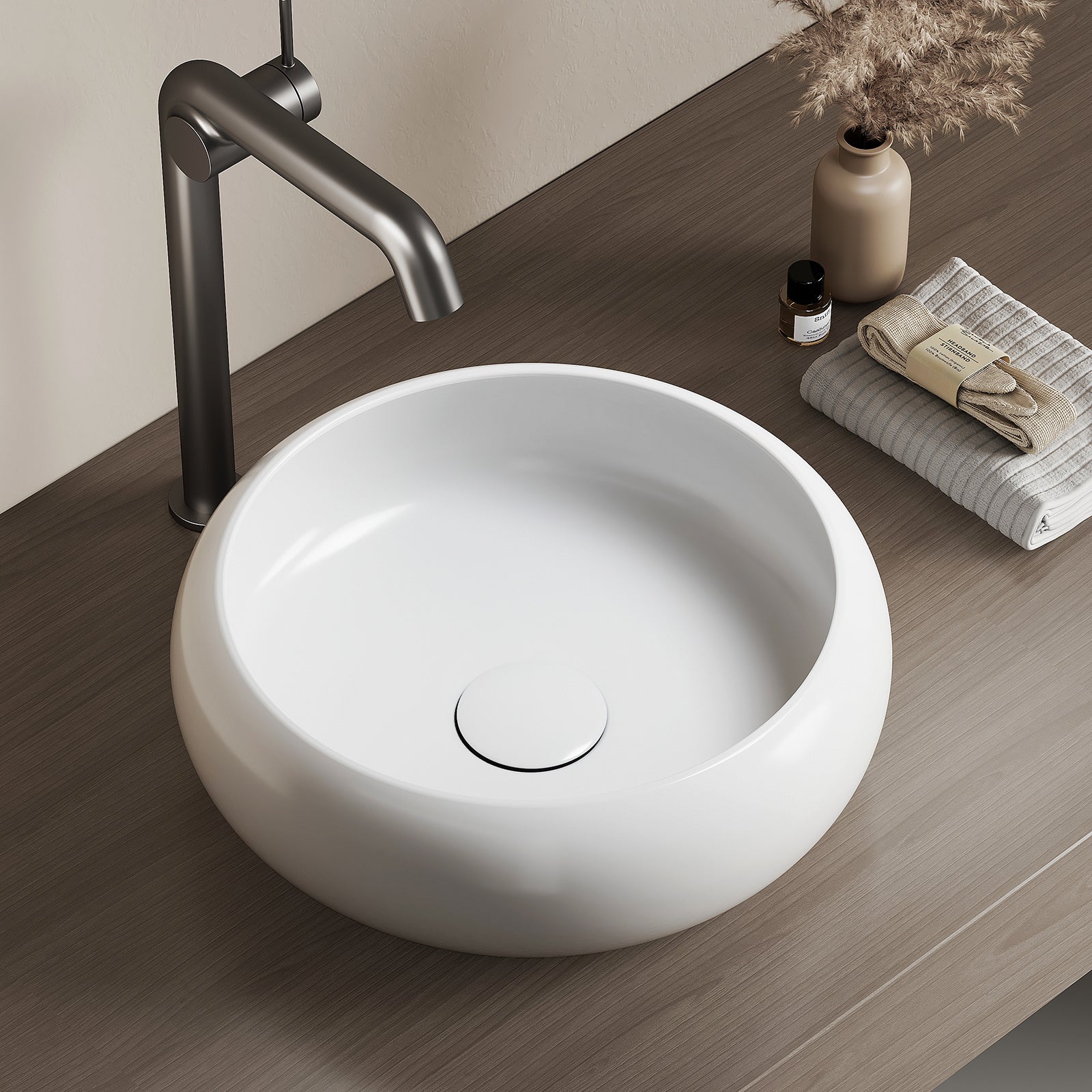 EMKE Okrągła Umywalka nablatowa 36x36x12 cm, Umywalka ceramiczna łazienkowa, montaż nablatowy, brylantowa biel