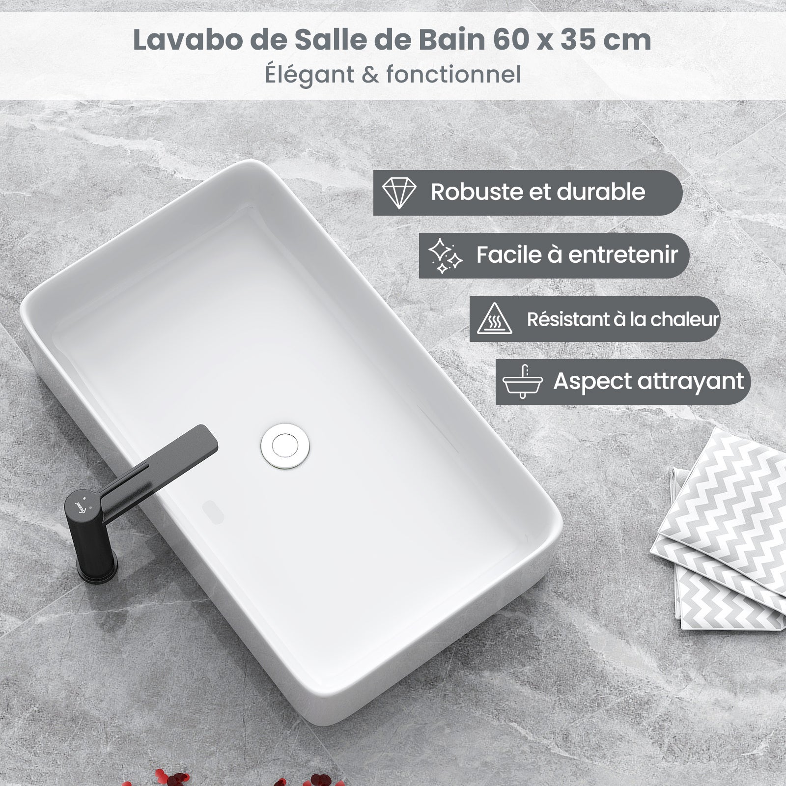 Lavabo Vasque en Céramique Rectangulaire avec Vidange Pop-up, Vasque à Poser Blanc 60 x 35 x 11 CM Style Moderne pour Salle de Bain - 2