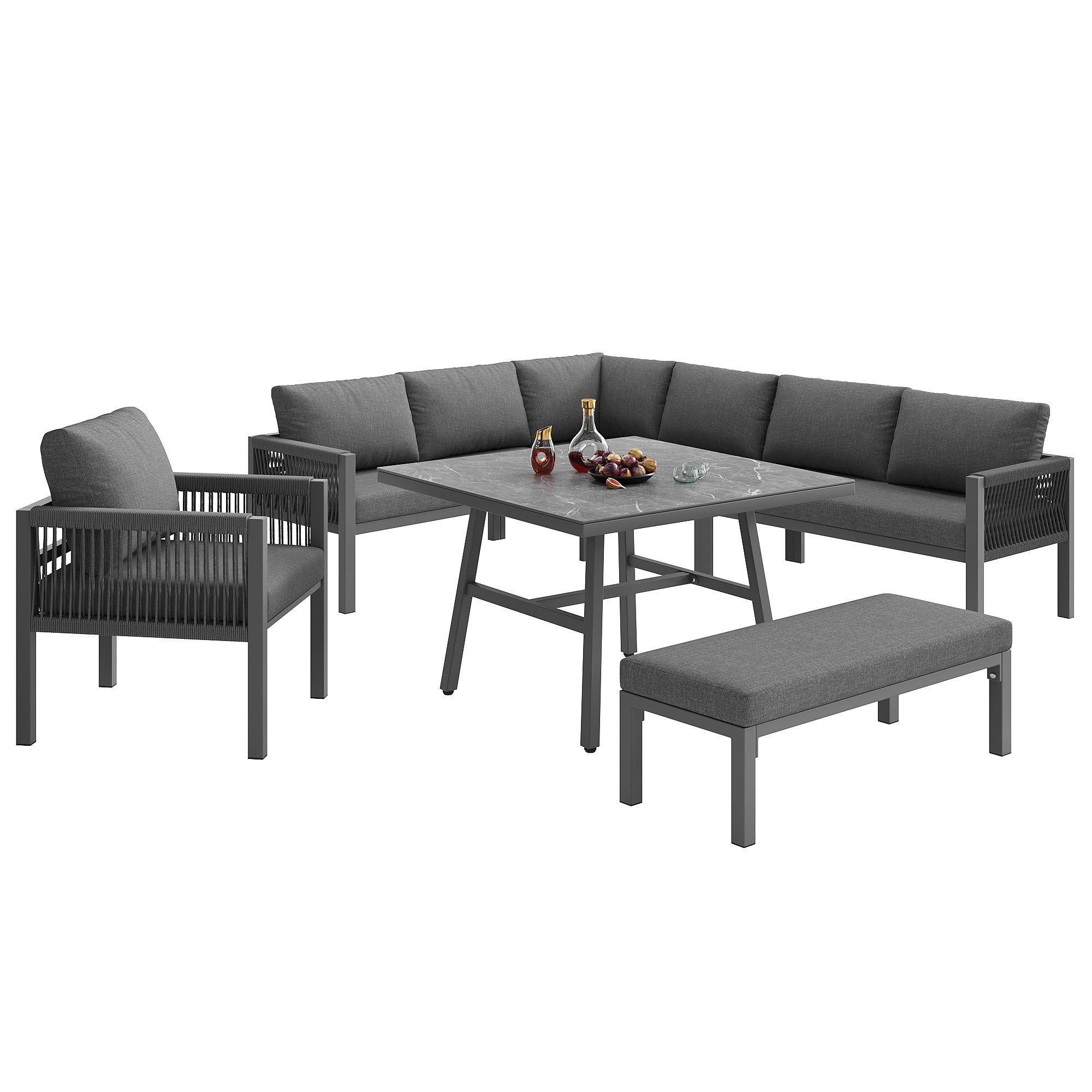 Sofa ogrodowa w kształcie litery L, do 8 osób, rama żelazna z powłoką, odporna na warunki atmosferyczne, szara - 7
