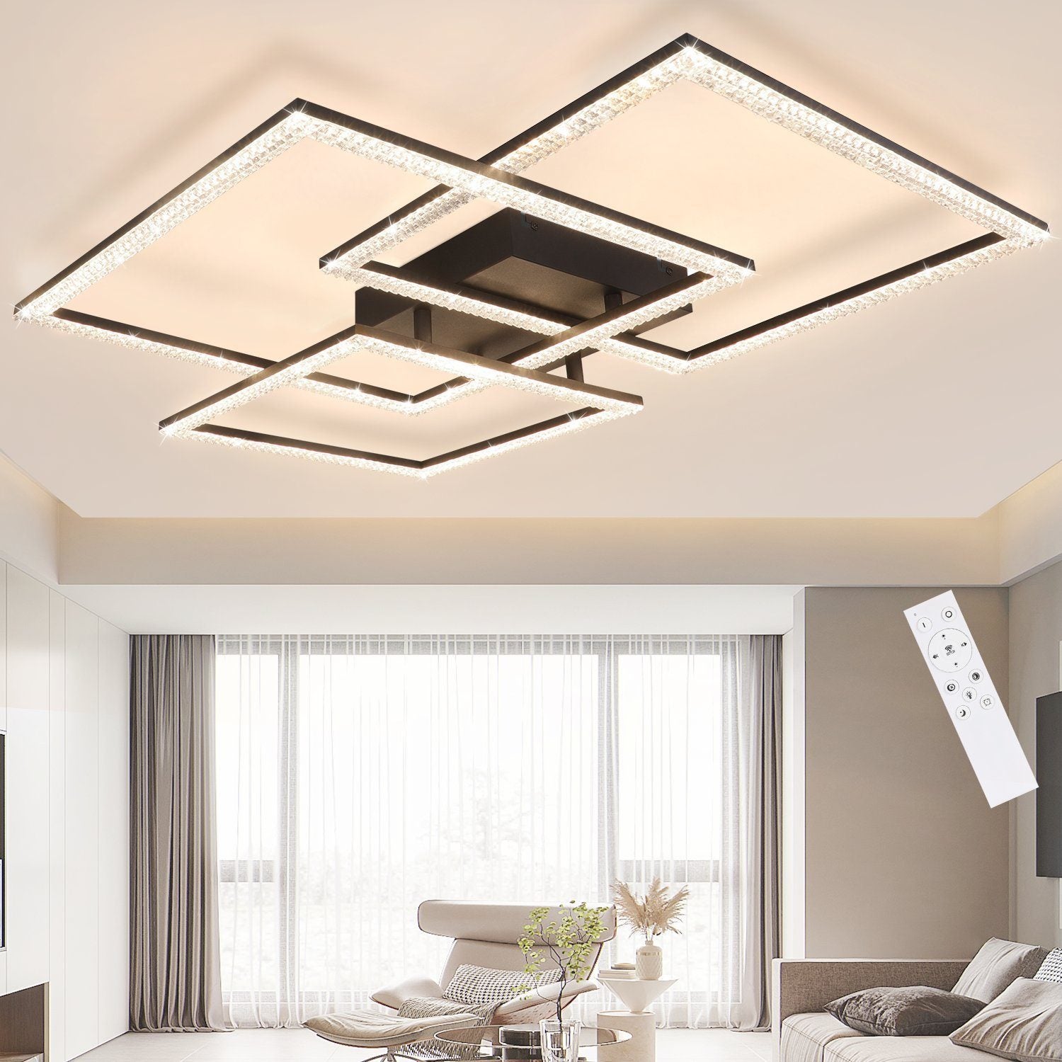 NETTLIFE Czarna lampa sufitowa LED 75CM Nowoczesna lampa wewnętrzna z kryształkami, ściemniana, z pilotem do sypialni