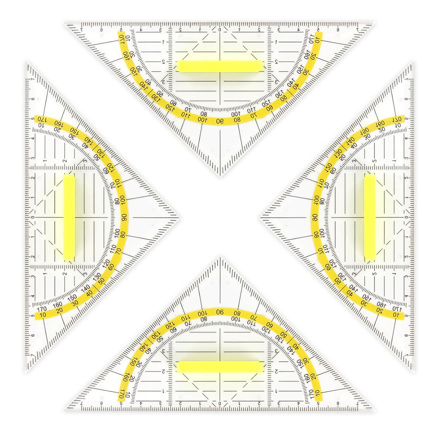Zestaw 4 kątomierzy szkolnych, plastikowy, 14 cm, trygonometryczny kątomierz z uchwytem, przezroczysty trójkąt geometryczny