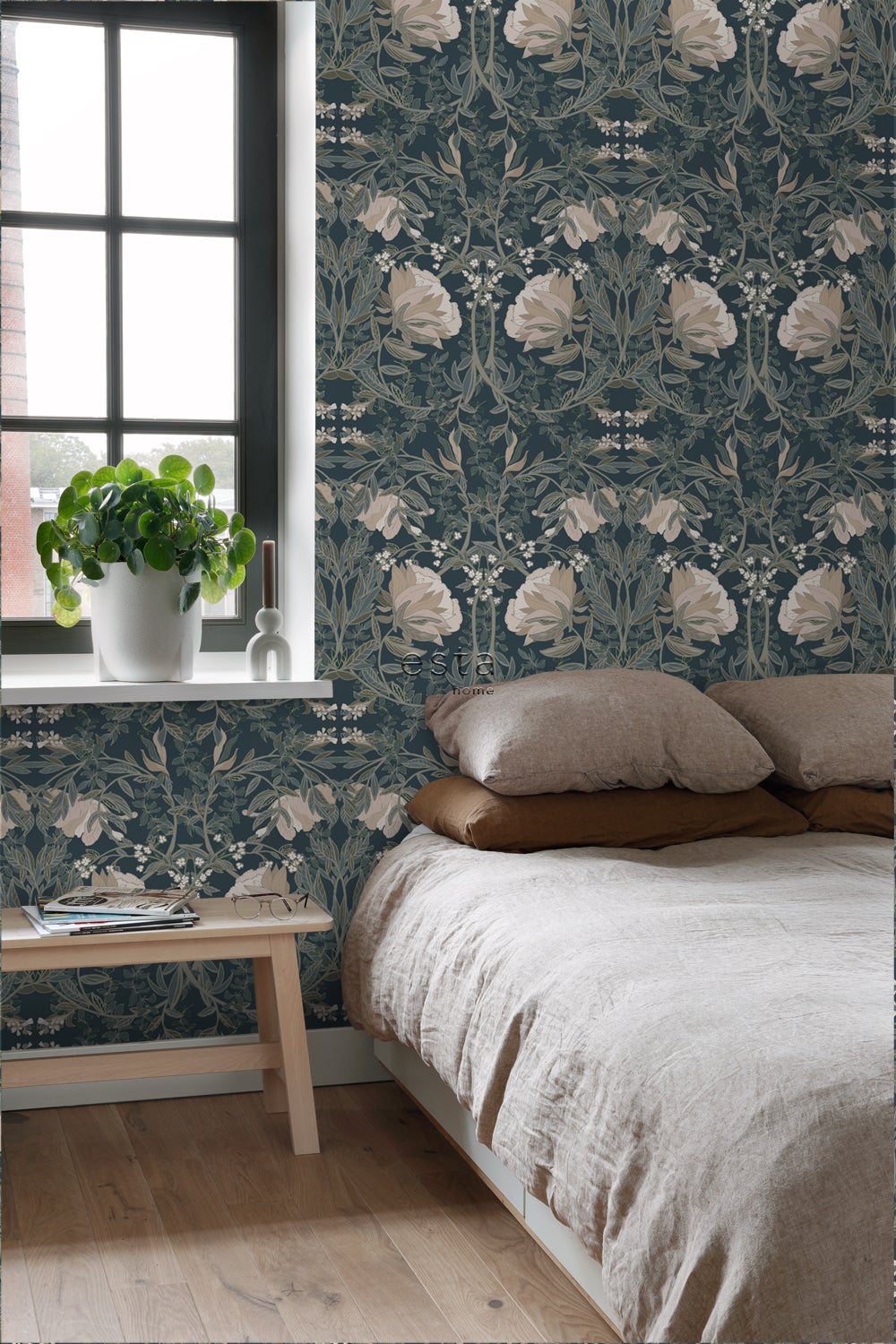 Papier peint fleurs vintage de style art nouveau bleu foncé - 53 cm x 10.05 m - ESTAhome - 5