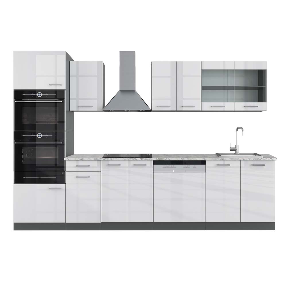 Vicco Aneks kuchenny R-Line, Biały wysoki połysk/antracyt, 300 cm z wysoką szafką, BP Marmur
