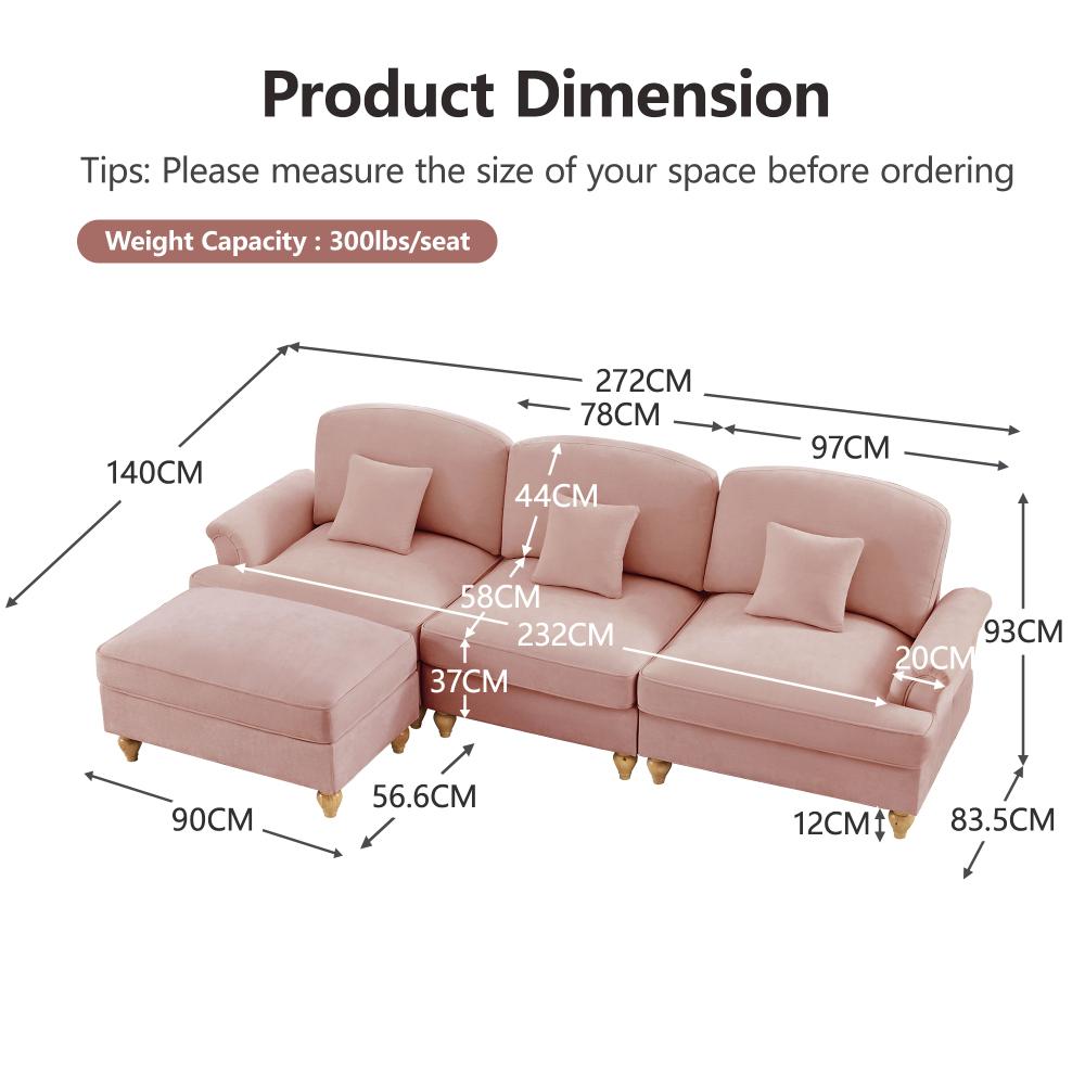 Divano modulare 3 posti a forma di L in chenille con braccioli a tromba, gonna arricciata removibile, gambe sottili e pouf mobile - 3