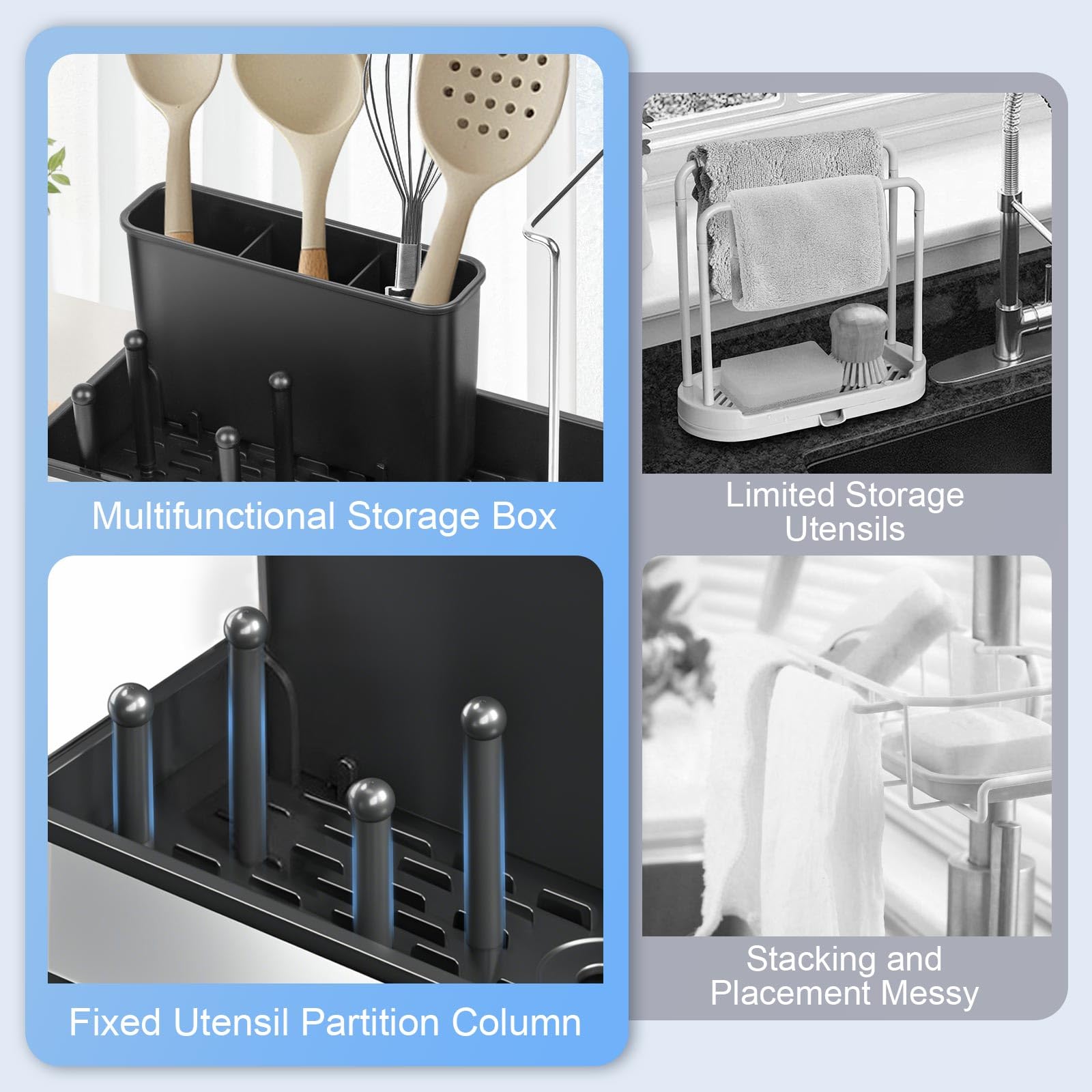 Porte Eponge Evier Cuisine, Rangement Cuisine, Noir Égouttoir INOX & PP, Organisateur Evier, Support Eponge Evier Cuisine Multifonction avec Drainage - 5