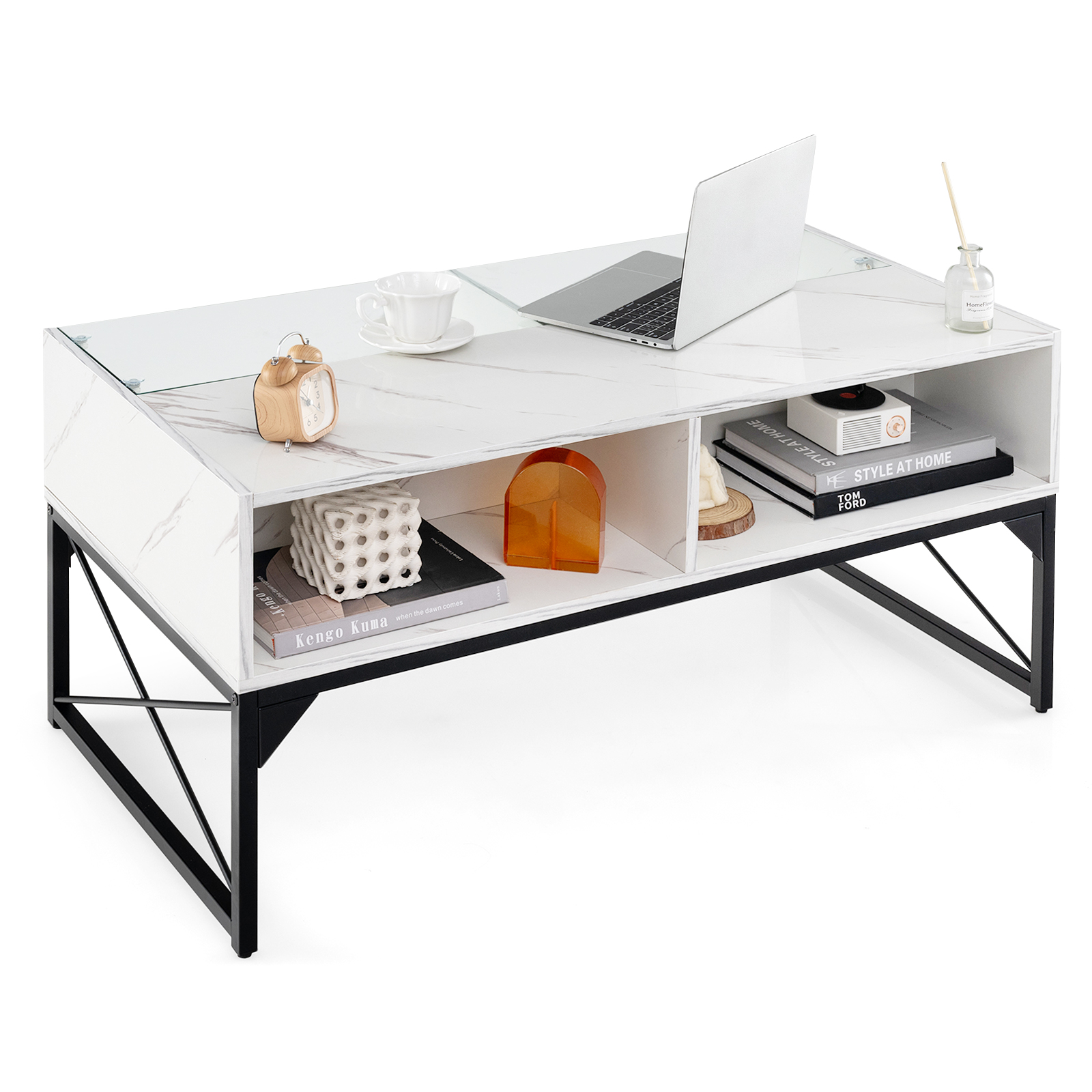 Table Basse Moderne 105 Cm Avec LED, 2 Tiroirs Et Plateau Verre - Noir - Design Contemporain Pour Salon - Dimensions 105x50x35 Cm