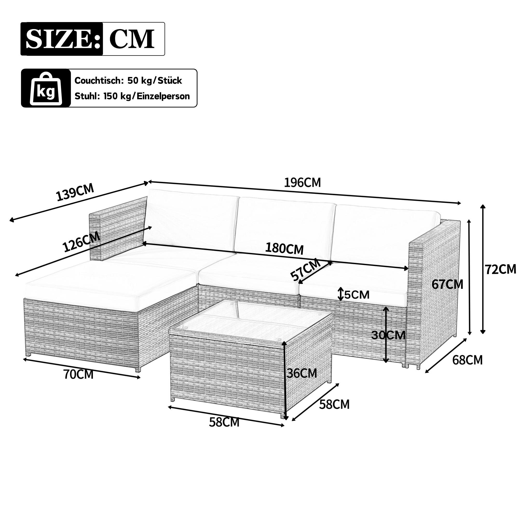 Salon de jardin en résine tressée - Canapé d'angle extérieur avec table basse - 4 places - Gris - 5