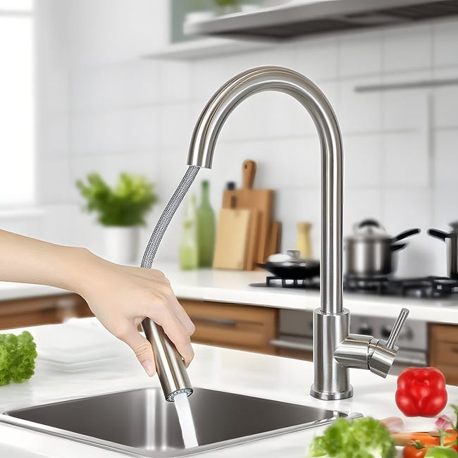 NETTLIFE Bateria kuchenna z wysuwaną głowicą prysznicową, wysokie ciśnienie, podwójny strumień ze stali nierdzewnej, obrót o 360°, nikiel