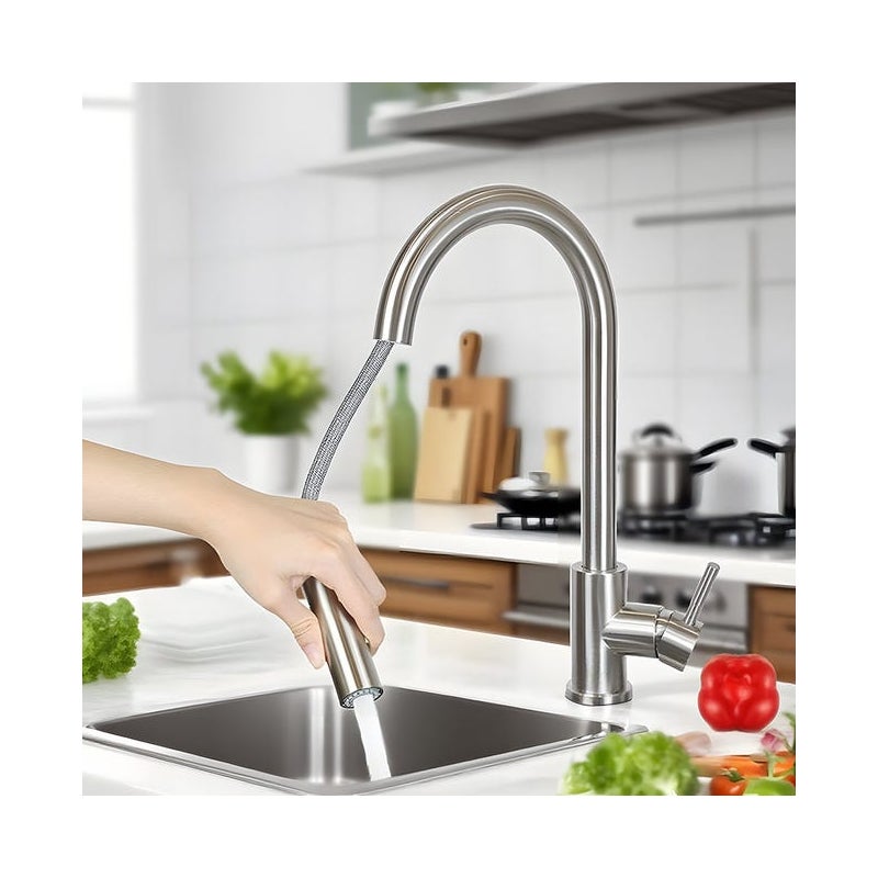 NETTLIFE Bateria kuchenna z wysuwaną głowicą prysznicową, wysokie ciśnienie, podwójny strumień ze stali nierdzewnej, obrót o 360°, nikiel