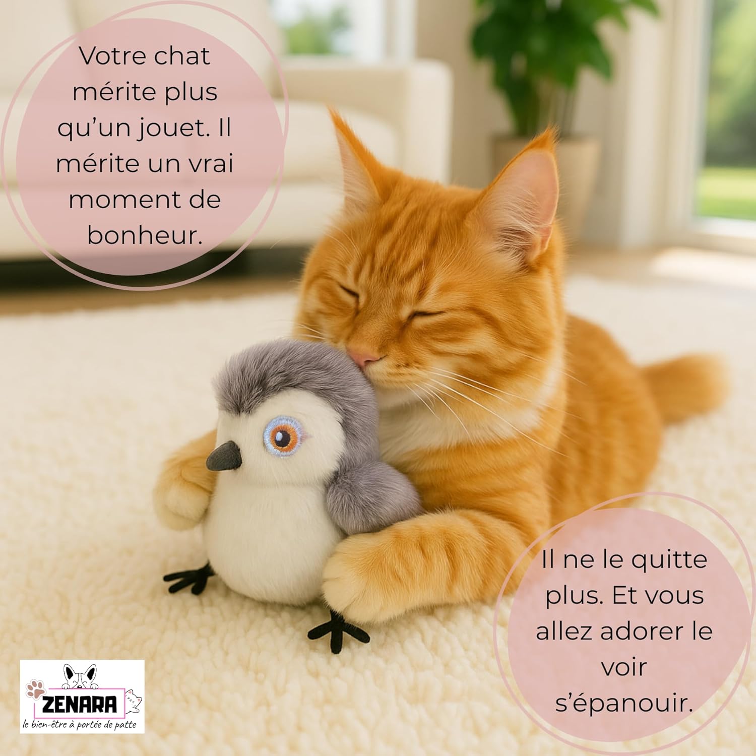 Jouet interactif pour chat - Oiseau volant avec battements d'ailes et gazouillis réalistes - Rechargeable par USB - Herbe à chat - 4