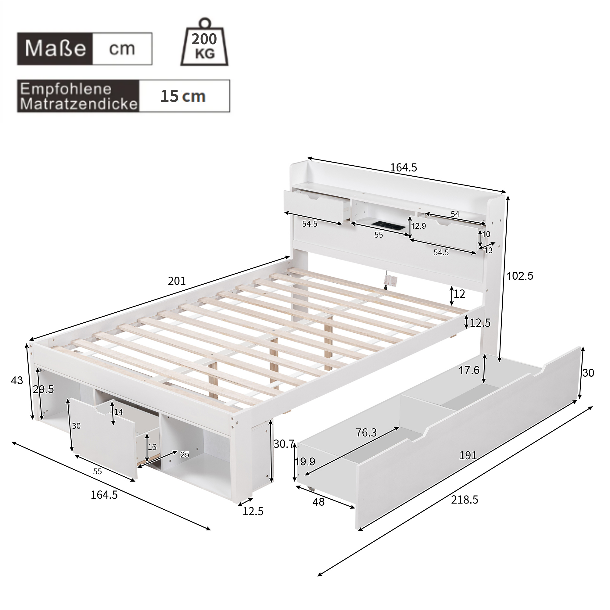 Lit double 160x200 cm avec rangements intégrés, tête de lit avec ports USB et tiroirs, structure en pin blanc, sans matelas - 4