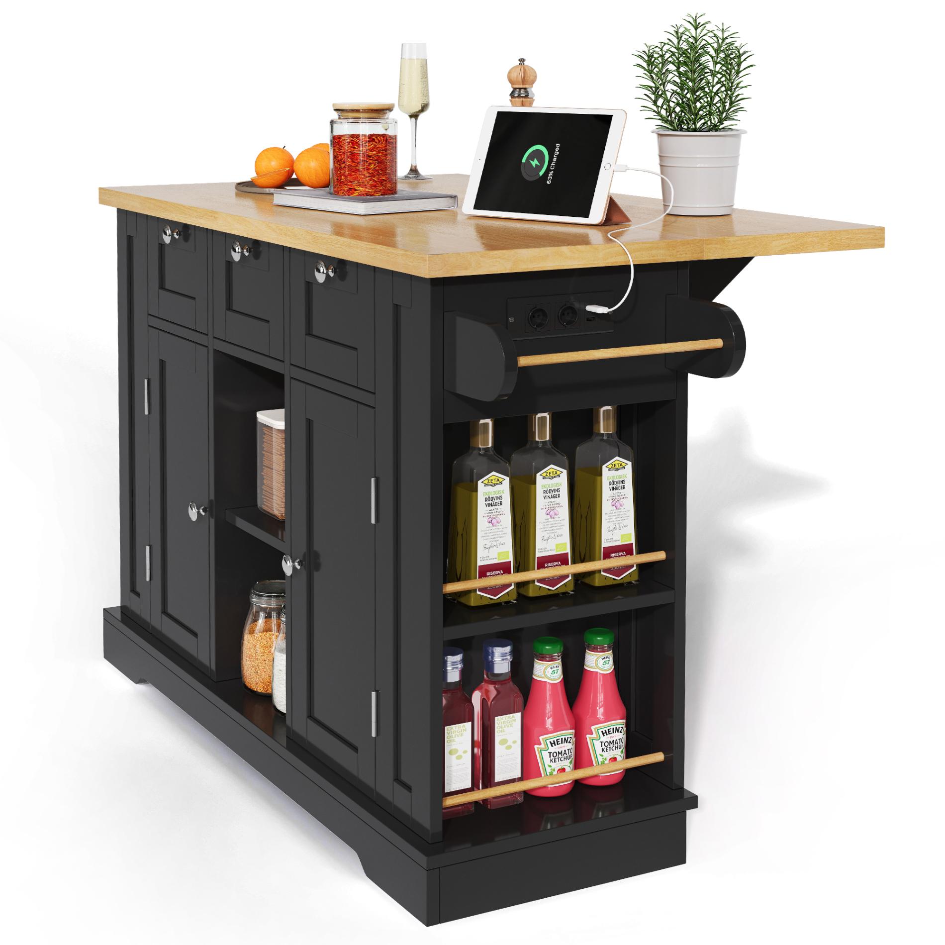 Îlot de Cuisine Mobile 132cm avec Plateau Extensible, Rangement Multifonction, Prise Intégrée, 5 Roues et Porte-Serviette en Bois - 7