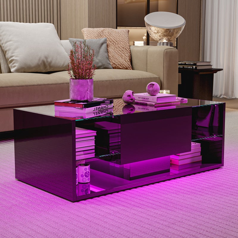 Table basse, Table basse salon LED avec espace de rangement, Table brillante avec étagère en verre, 100L x 50B x 35H cm - 8