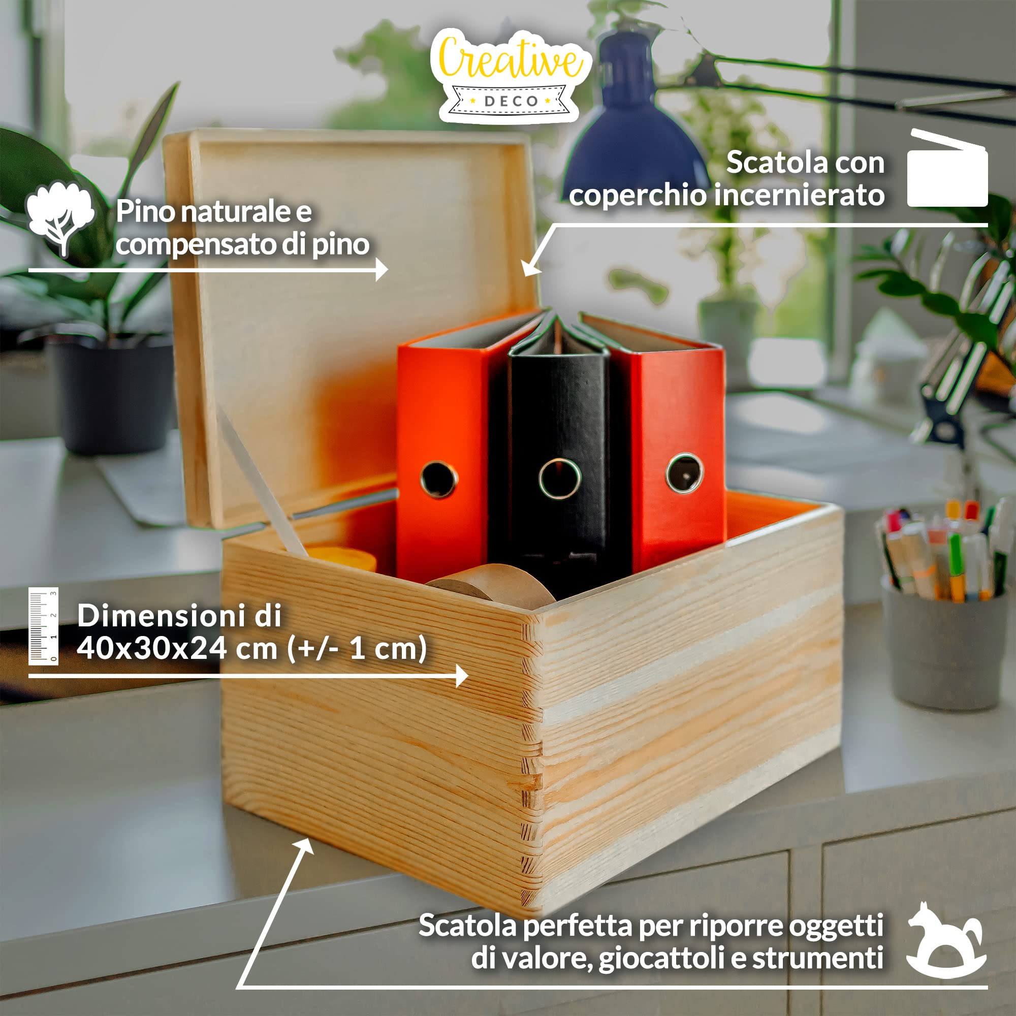 Creative Deco XXL Grande Scatola Legno con Coperchio | 40x30x24 cm | Conteniore per Documenti Portagiochi | non Levigato non Verniciato da Decorare - 8