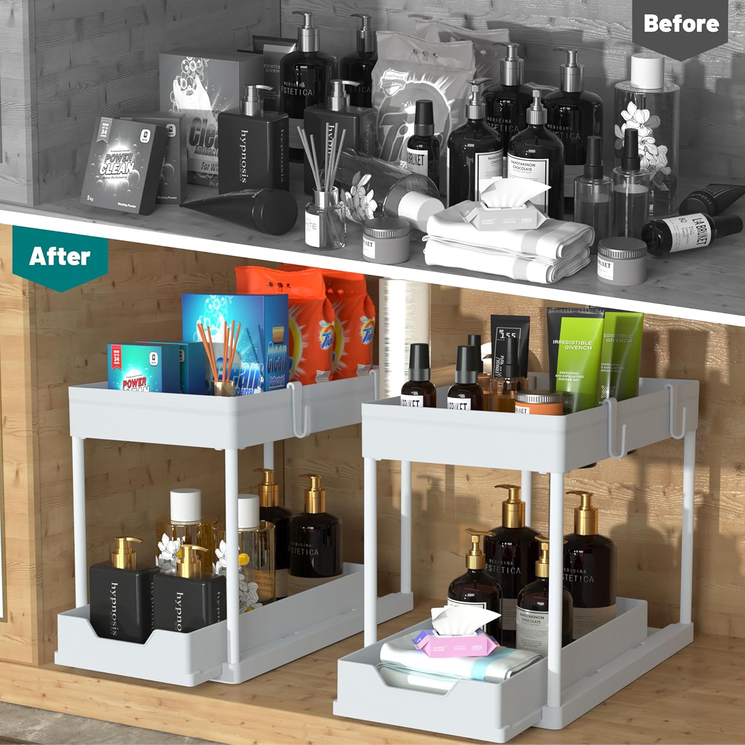 Lot de 2 organiseurs sous évier, organiseur à 2 niveaux sous évier de cuisine et salle de bain, organiseur sous armoire avec tiroir coulissant - 4