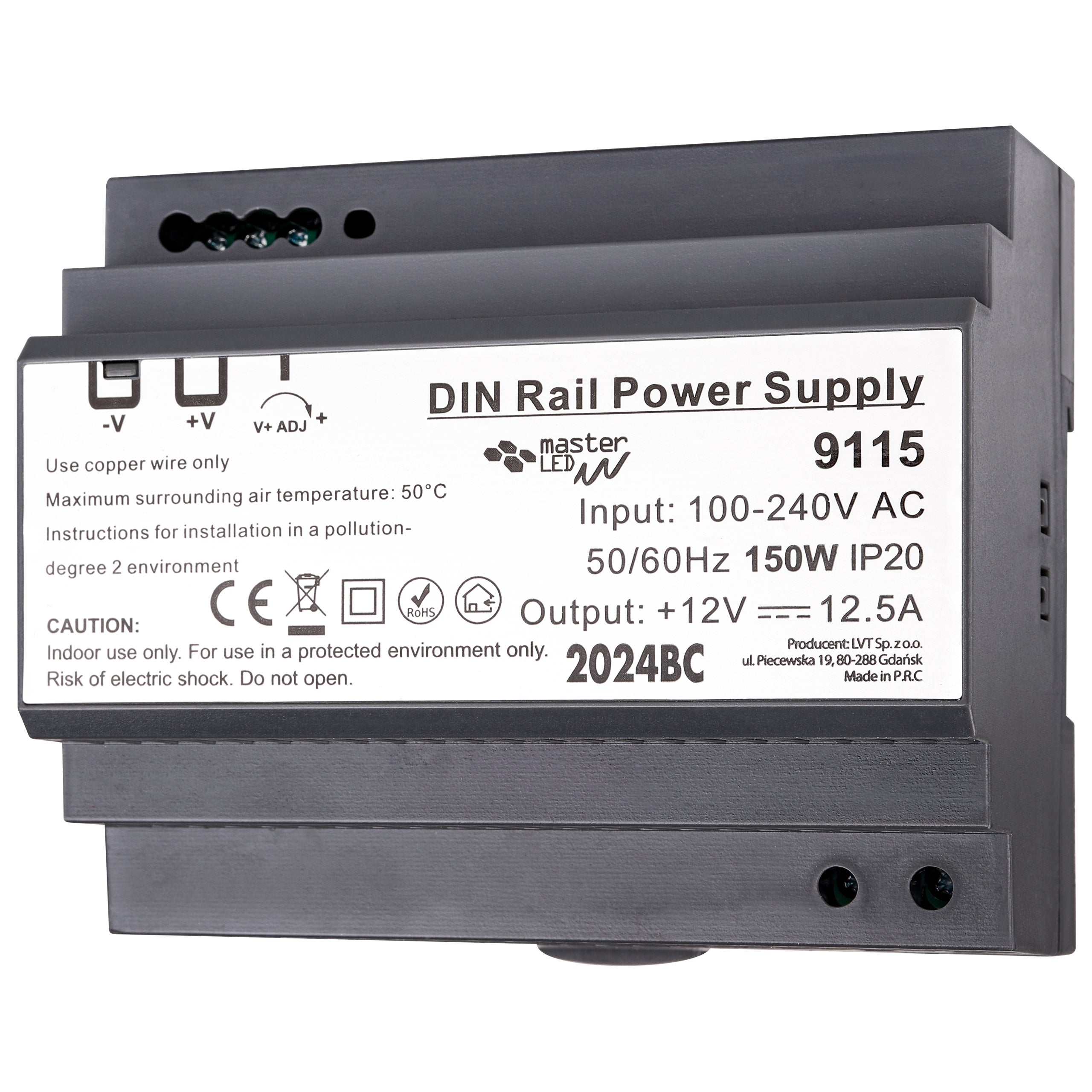 Zasilacz na szynę DIN 12V 150W 12.5A IP20 105x58.5x92.5mm klasa II MasterLED