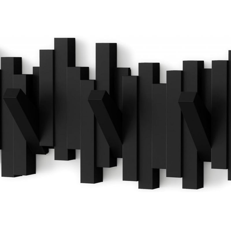 Nowoczesny wieszak ścienny na ubrania z motywem klawiszy fortepianu i 5 składanymi haczykami, czarny