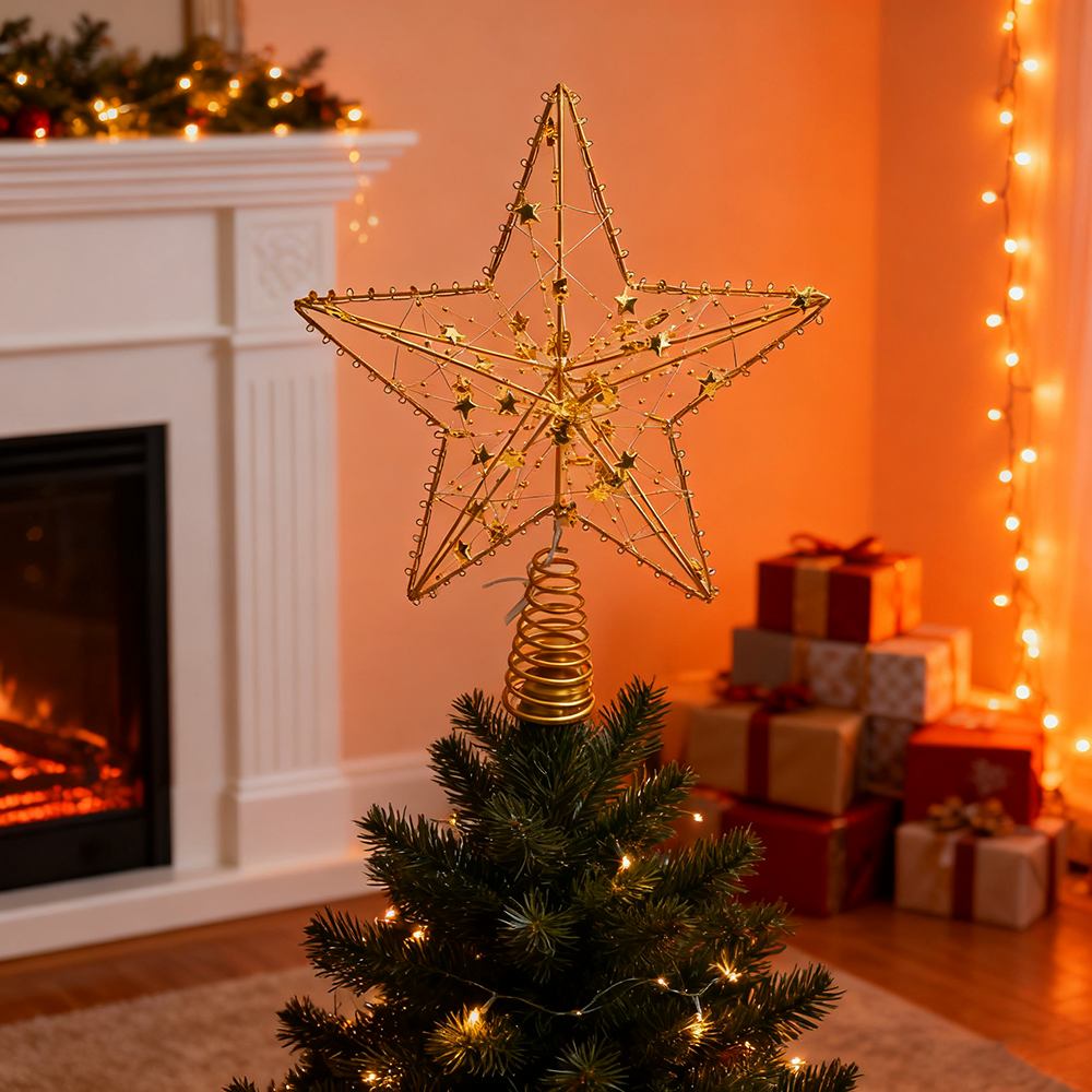 Topo de árvore de Natal em forma de estrela com luzes LED, decorações de Natal douradas, topo de árvore de Natal, enfeite de Natal - 8