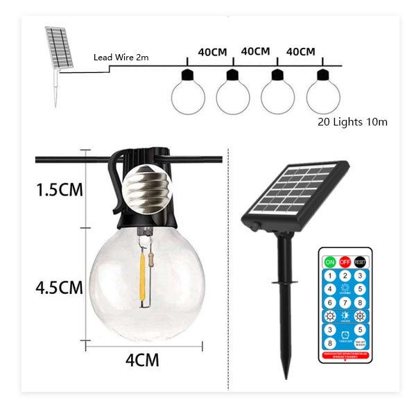 Kit di luci a LED solare da 10 m - 20 LED G40 - Bianco caldo 2700 K - Telecomando + Timer - Per pergola, eventi all'aperto - 2