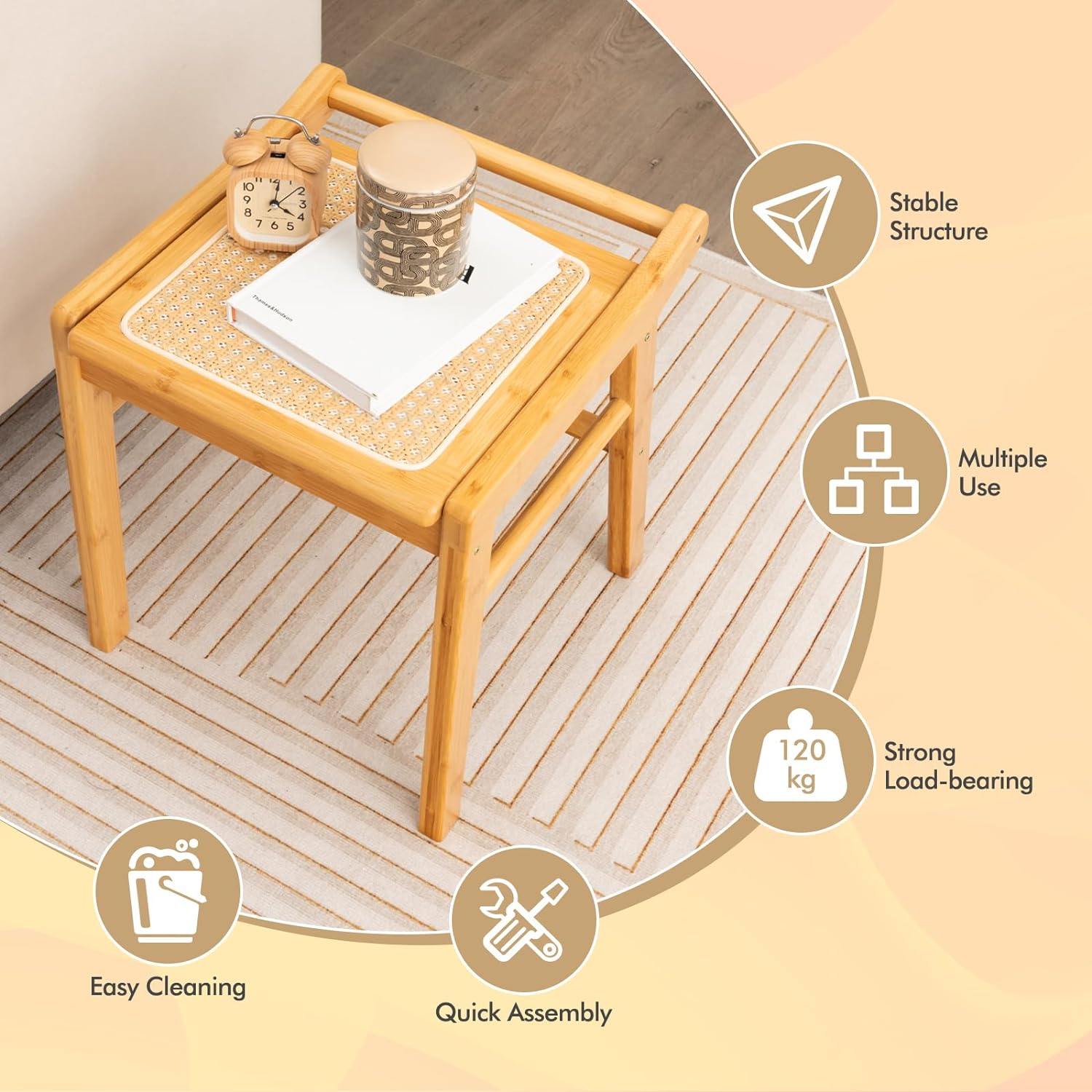 Tabouret de Coiffeuse en Bambou, Tabouret de Vanité, Pouf Ottoman avec Dessus en Rotin - 2
