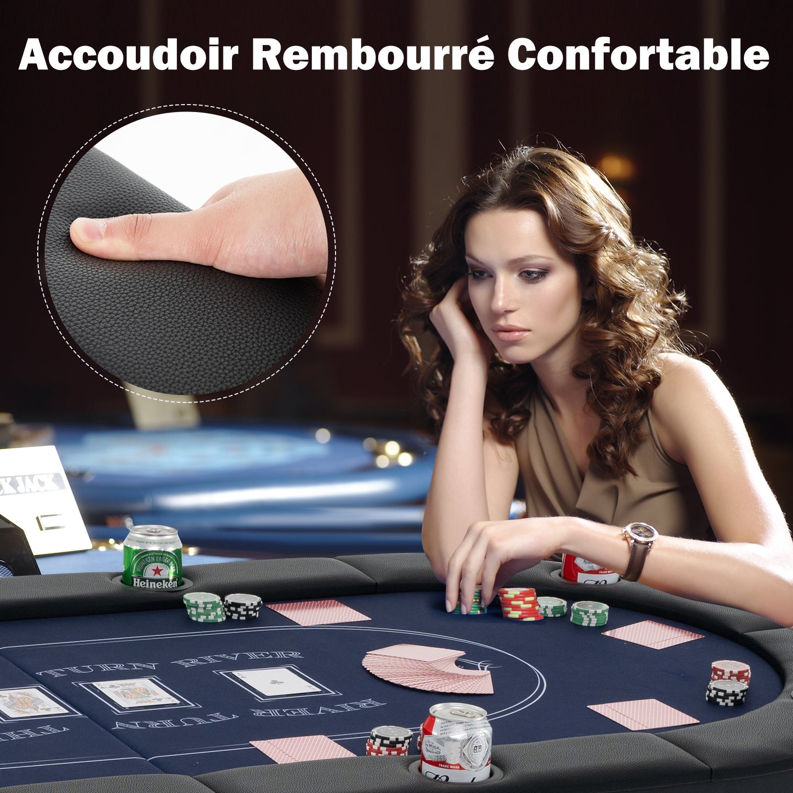 Składany Stół do Pokera dla 8 Graczy, Stół do Gier Towarzyskich 182 cm, 8 Metalowych Uchwytów na Kubki, Wyściełane Poręcze, Texas Hold'em, Niebieski - 6