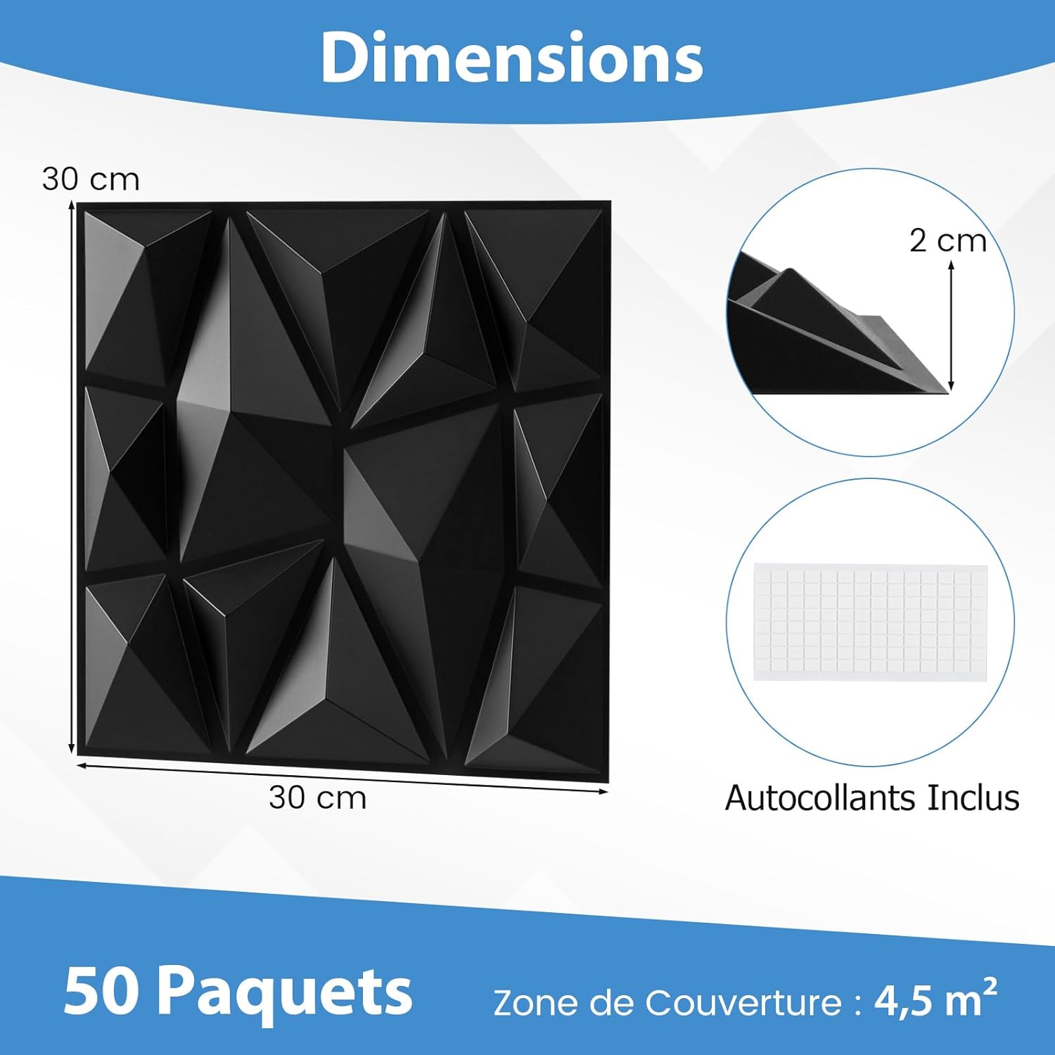 Lot de 50 Panneaux Muraux 3D Carrés 30 x 30 cm, Décoration Murale Intérieure en PVC Résistant au Feu avec Accent Diamant pour Découpe Créative, Noir - 3
