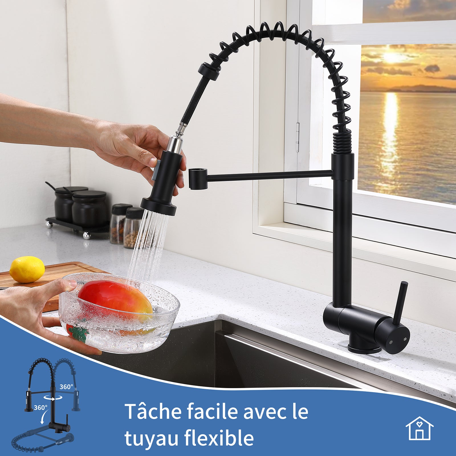 Mitigeur de Cuisine Noir pliable à ressort avec douchette 2 Jets, Robinet de Cuisine d'Evier Rabattable Rotatif à 360° en Inox 304 - 4