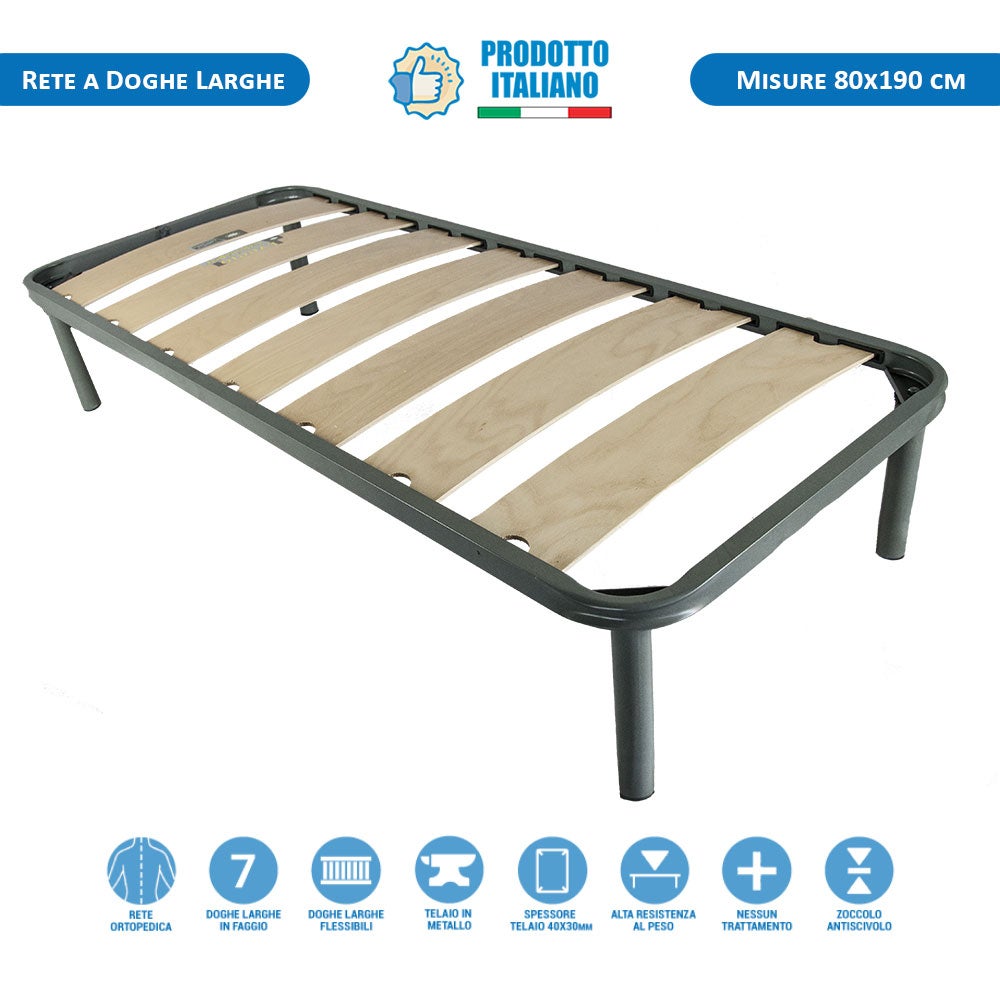 Rete ortopedica a doghe larghe per letto singolo 80x190, telaio in