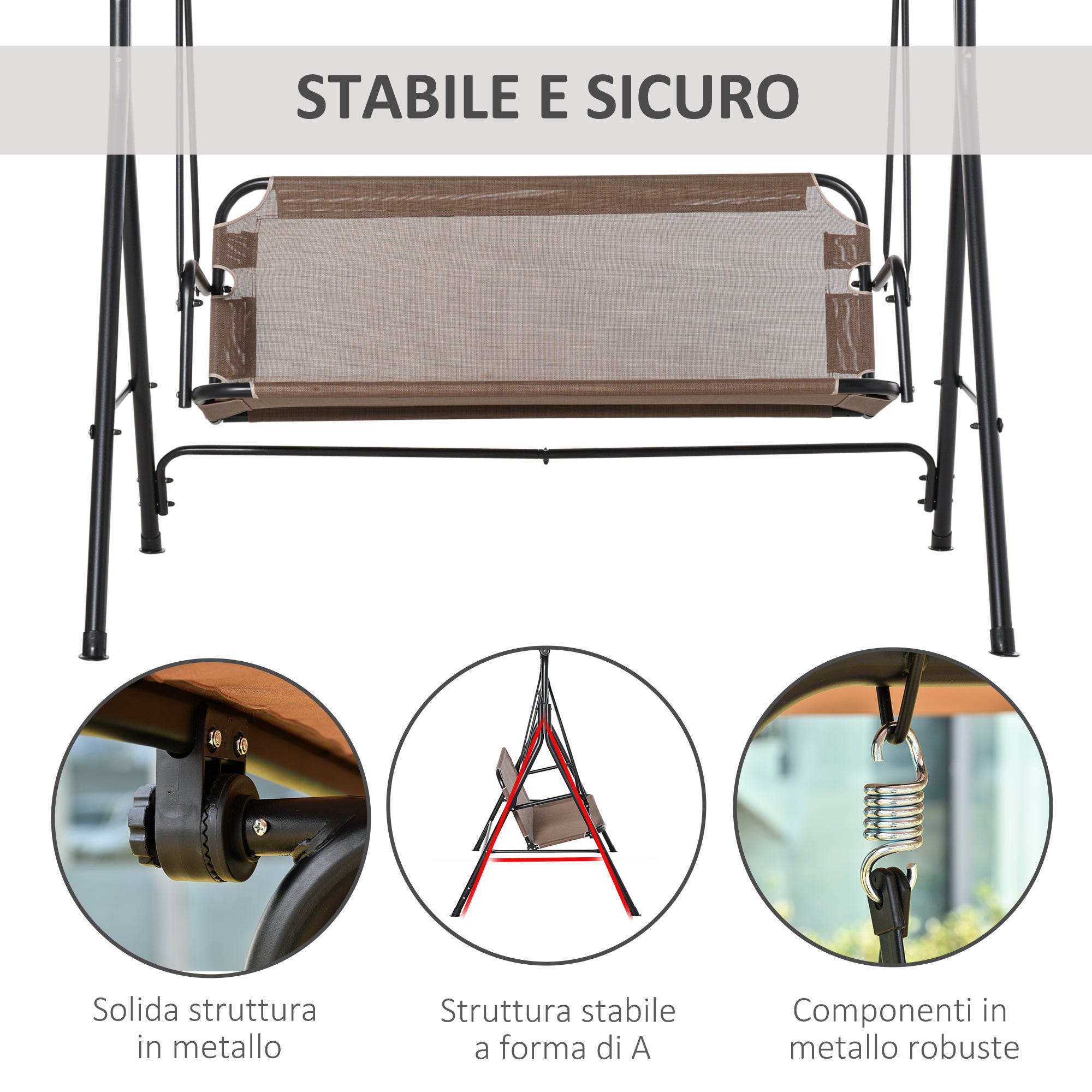 Balançoire de jardin en terrasse 2 places avec auvent solaire réglable, métal et marron Texteline 172x110x155cm pour la maison - 7